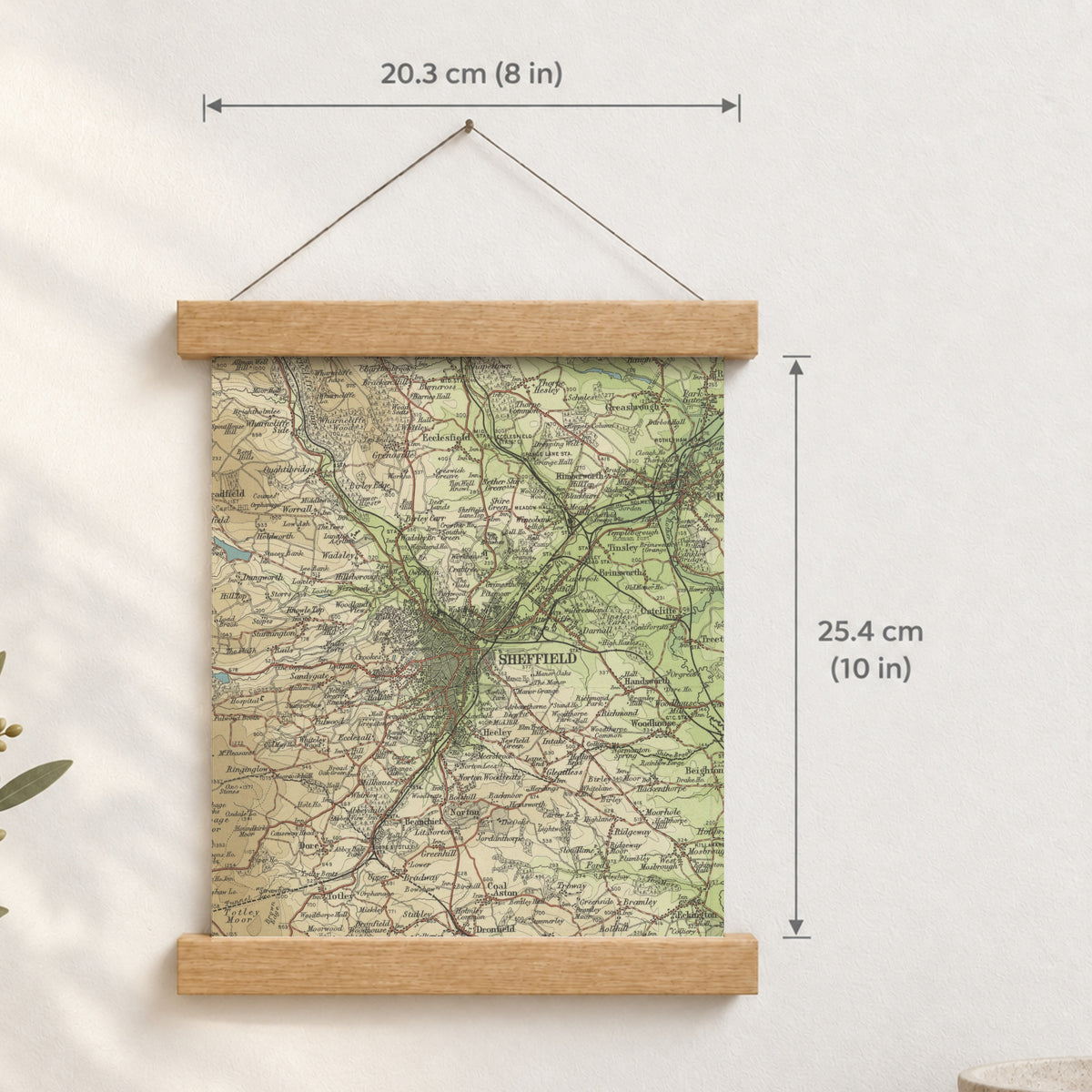 Sheffield historic map print, Bartholomew Half-Inch, 1904 — 8 × 10 in · portrait, Canvas, black hanger and Canvas, natural oak hanger and Canvas, white hanger and Fine art paper, black hanger and Fine art paper, natural oak hanger and Fine art paper, no hanger and Fine art paper, white hanger, hanger front mockup