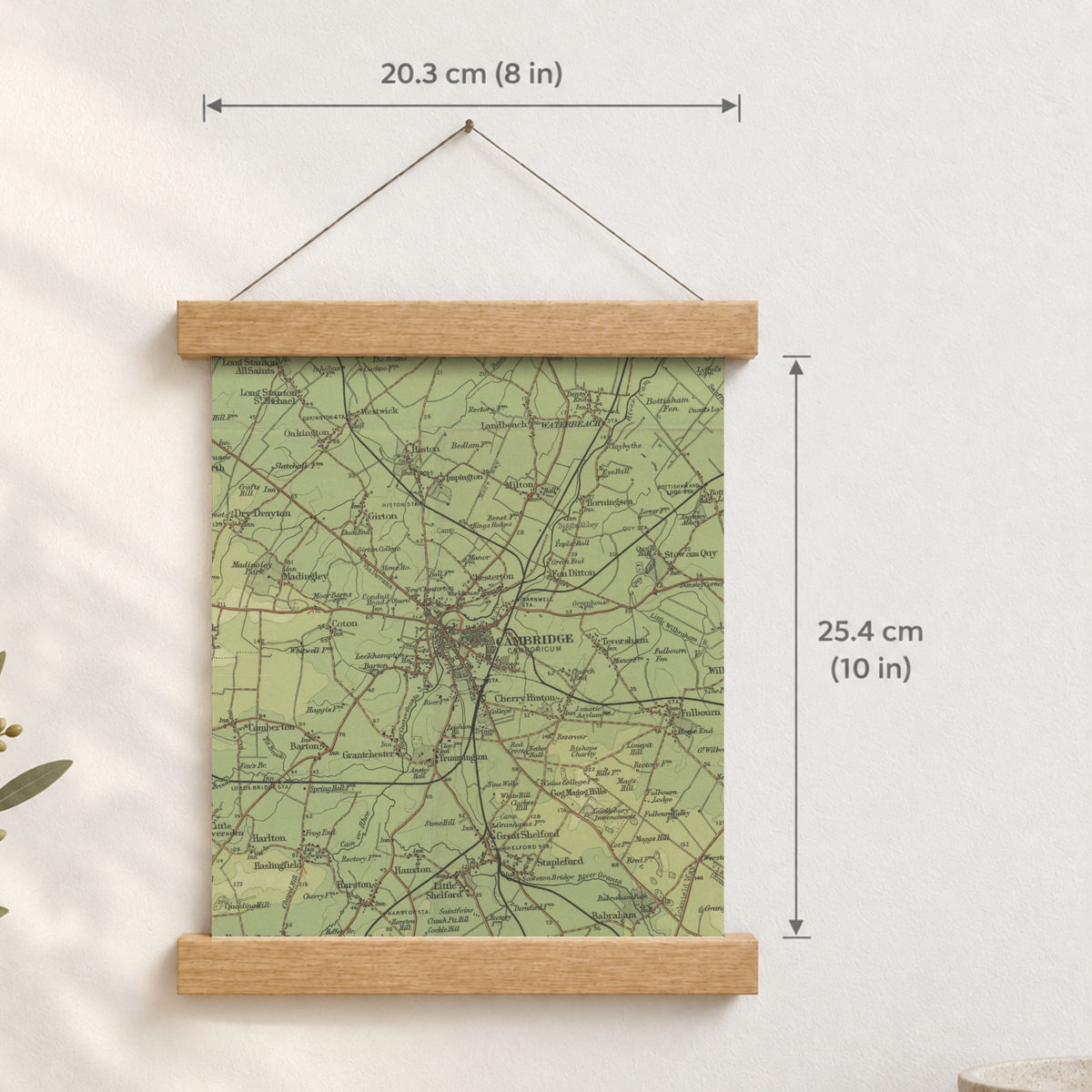 Cambridge historic map print, Bartholomew Half-Inch, 1902 — 8 × 10 in · portrait, Canvas, black hanger and Canvas, natural oak hanger and Canvas, white hanger and Fine art paper, black hanger and Fine art paper, natural oak hanger and Fine art paper, no hanger and Fine art paper, white hanger, hanger front mockup