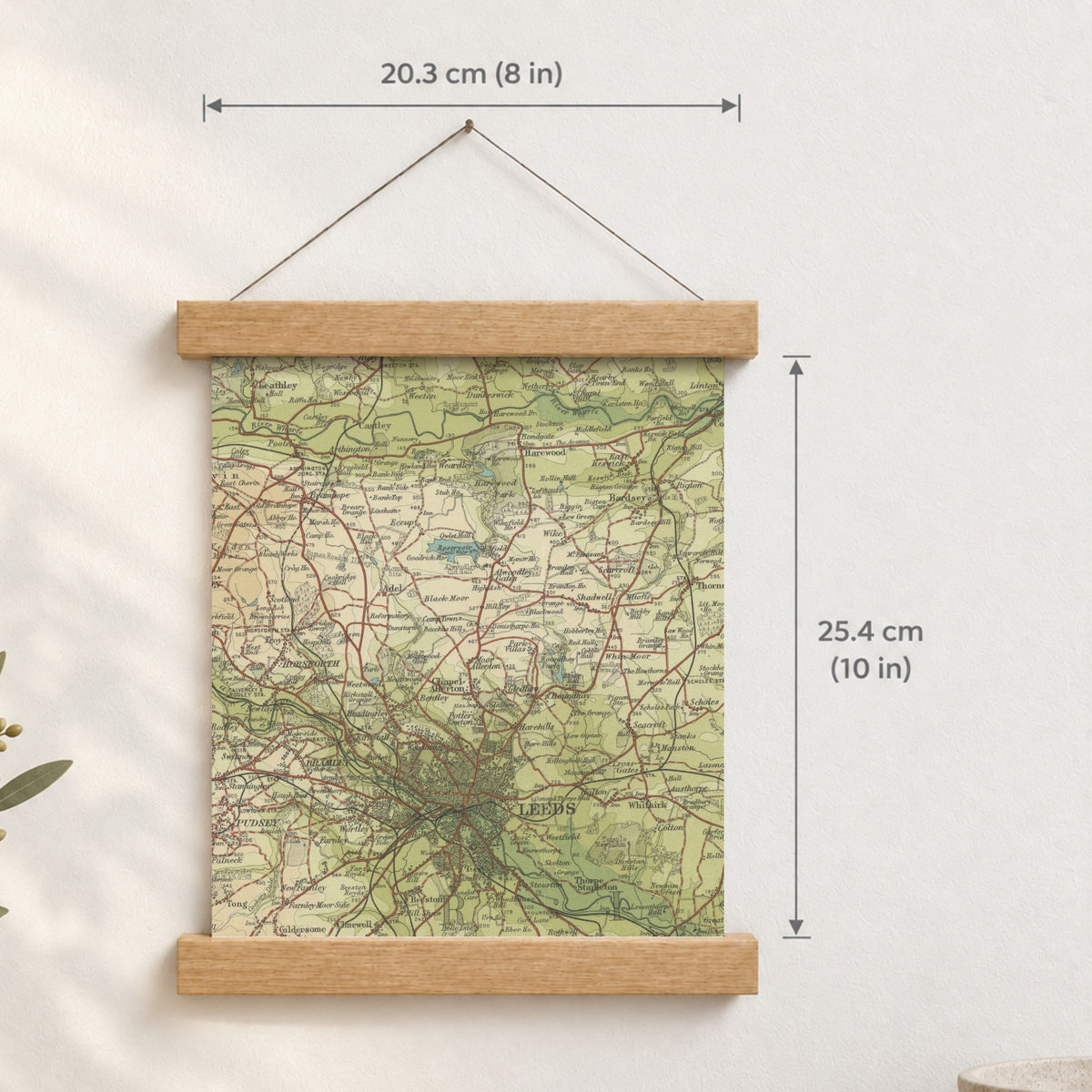 Leeds historic map print, Bartholomew Half-Inch, 1906 — 8 × 10 in · portrait, Canvas, black hanger and Canvas, natural oak hanger and Canvas, white hanger and Fine art paper, black hanger and Fine art paper, natural oak hanger and Fine art paper, no hanger and Fine art paper, white hanger, hanger front mockup