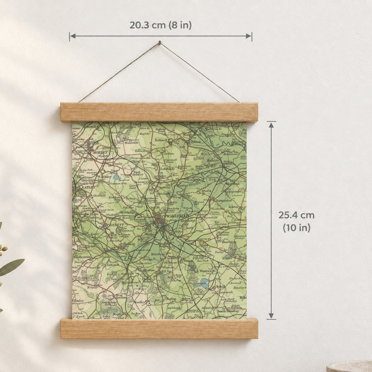 Wakefield historic map print, Bartholomew Half-Inch, 1904 — 8 × 10 in · portrait, Canvas, black hanger and Canvas, natural oak hanger and Canvas, white hanger and Fine art paper, black hanger and Fine art paper, natural oak hanger and Fine art paper, no hanger and Fine art paper, white hanger, hanger front mockup