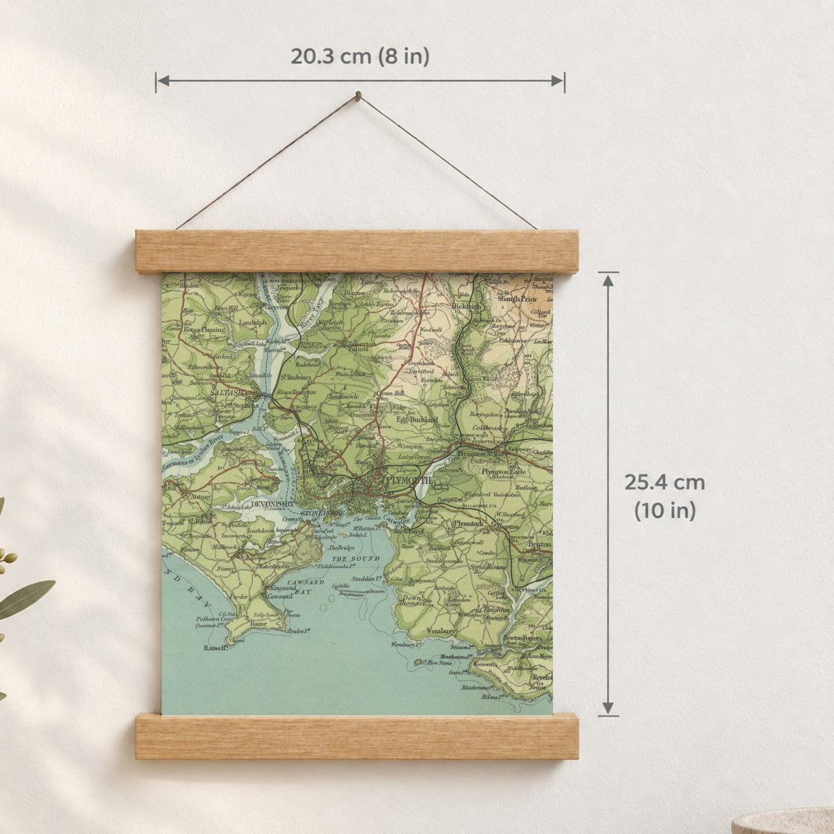 Plymouth historic map print, Bartholomew Half-Inch, 1903 — 8 × 10 in · portrait, Canvas, black hanger and Canvas, natural oak hanger and Canvas, white hanger and Fine art paper, black hanger and Fine art paper, natural oak hanger and Fine art paper, no hanger and Fine art paper, white hanger, hanger front mockup
