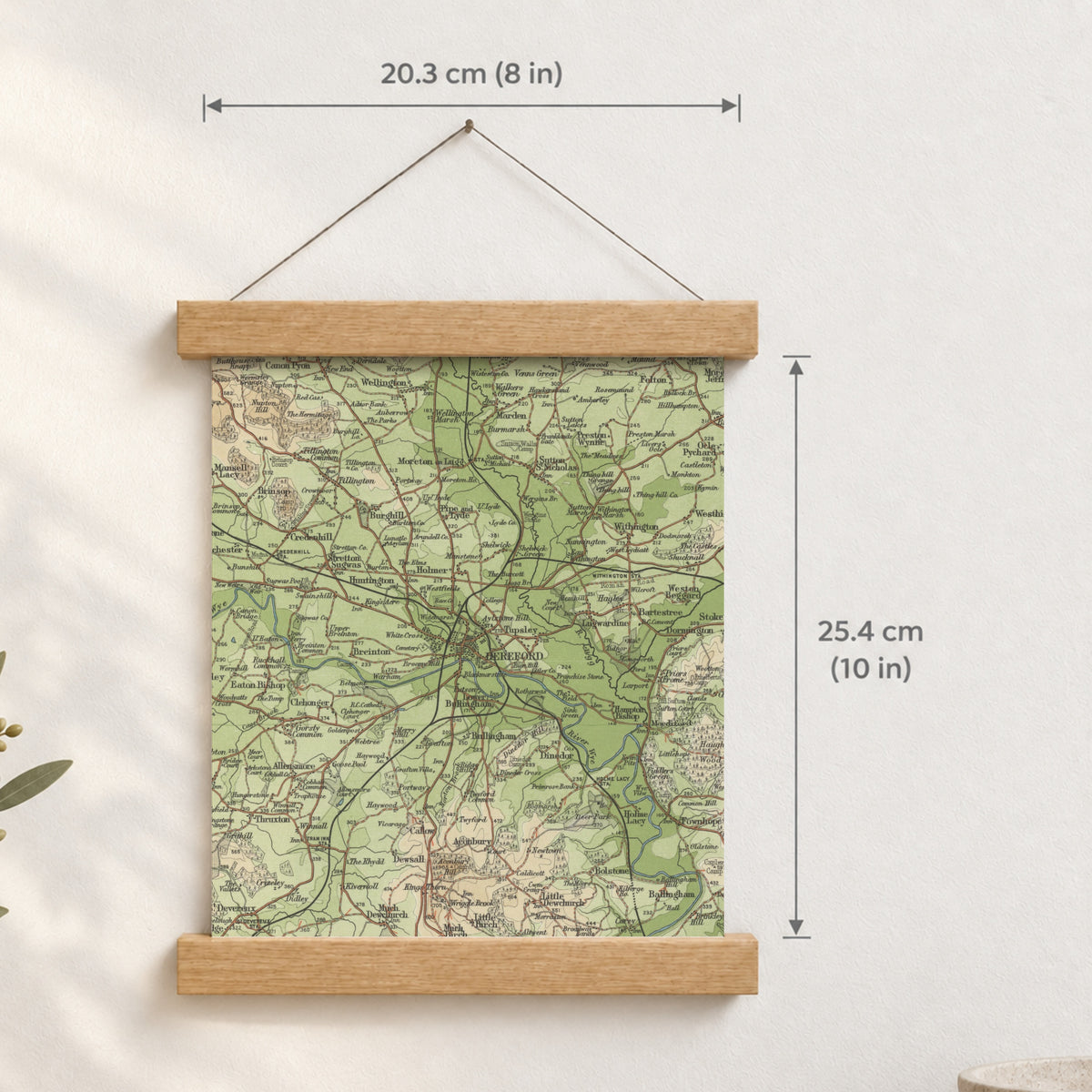 Hereford historic map print, Bartholomew Half-Inch, 1902 — 8 × 10 in · portrait, Canvas, black hanger and Canvas, natural oak hanger and Canvas, white hanger and Fine art paper, black hanger and Fine art paper, natural oak hanger and Fine art paper, no hanger and Fine art paper, white hanger, hanger front mockup