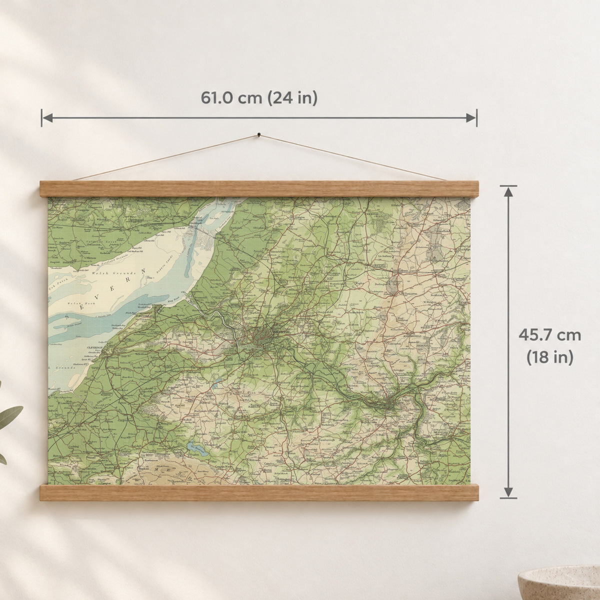 Bristol historic map print, Bartholomew Half-Inch, 1904 — 24 × 18 in · landscape, Canvas, black hanger and Canvas, natural oak hanger and Canvas, white hanger and Fine art paper, black hanger and Fine art paper, natural oak hanger and Fine art paper, no hanger and Fine art paper, white hanger, hanger front mockup