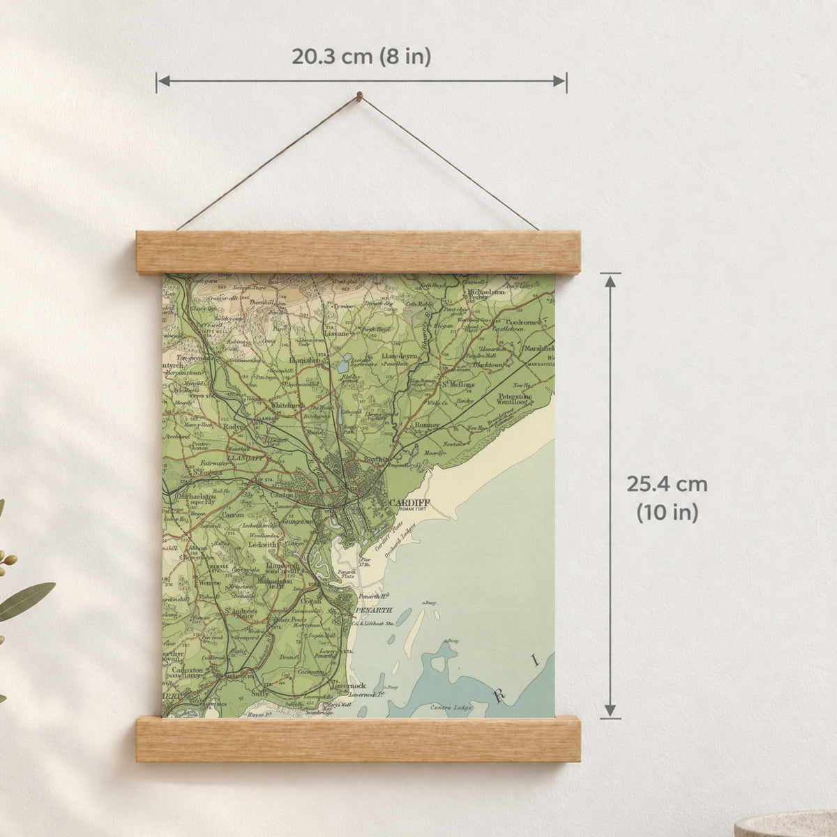 Cardiff historic map print, Bartholomew Half-Inch, 1904 — 8 × 10 in · portrait, Canvas, black hanger and Canvas, natural oak hanger and Canvas, white hanger and Fine art paper, black hanger and Fine art paper, natural oak hanger and Fine art paper, no hanger and Fine art paper, white hanger, hanger front mockup