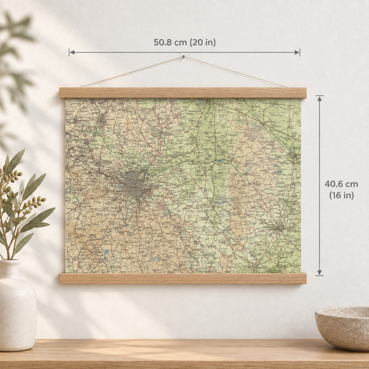 Birmingham historic map print, Bartholomew Half-Inch, 1903 — 20 × 16 in · landscape, Canvas, black hanger and Canvas, natural oak hanger and Canvas, white hanger and Fine art paper, black hanger and Fine art paper, natural oak hanger and Fine art paper, no hanger and Fine art paper, white hanger, hanger front mockup