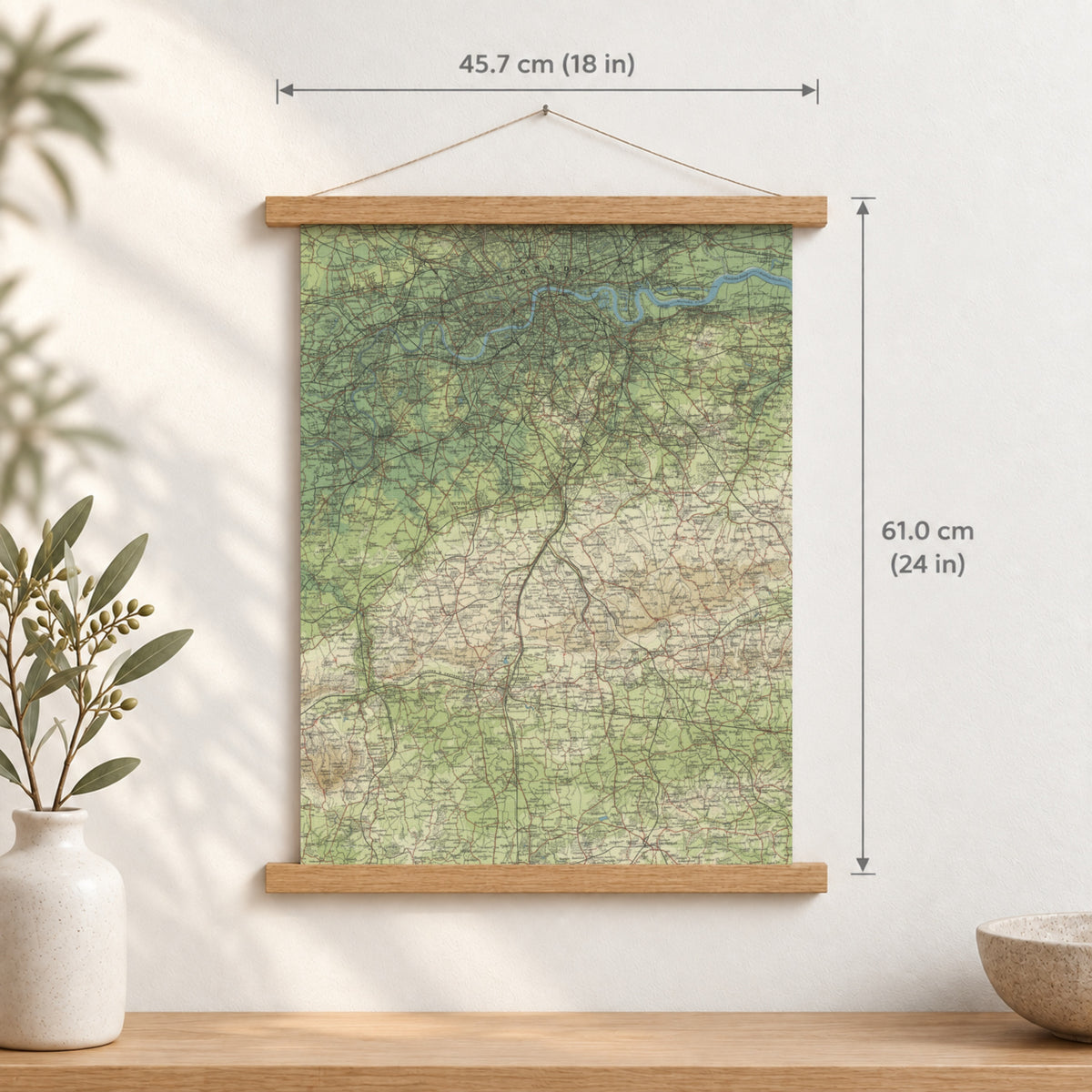 London historic map print, Bartholomew Half-Inch, 1903 — 18 × 24 in · portrait, Canvas, black hanger and Canvas, natural oak hanger and Canvas, white hanger and Fine art paper, black hanger and Fine art paper, natural oak hanger and Fine art paper, no hanger and Fine art paper, white hanger, hanger front mockup