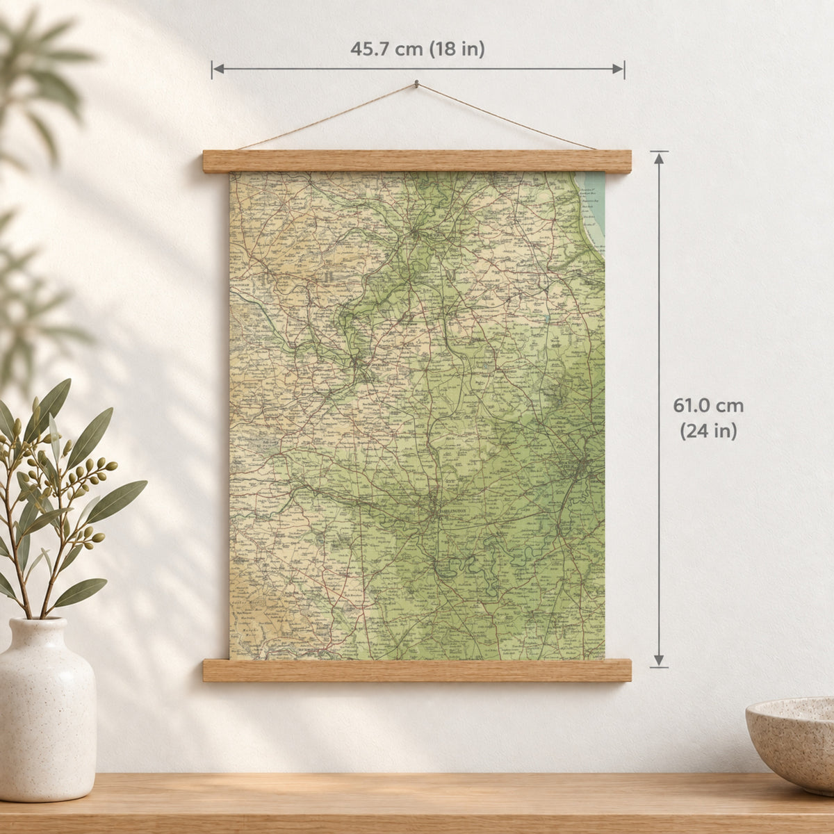 Durham historic map print, Bartholomew Half-Inch, 1904 — 18 × 24 in · portrait, Canvas, black hanger and Canvas, natural oak hanger and Canvas, white hanger and Fine art paper, black hanger and Fine art paper, natural oak hanger and Fine art paper, no hanger and Fine art paper, white hanger, hanger front mockup