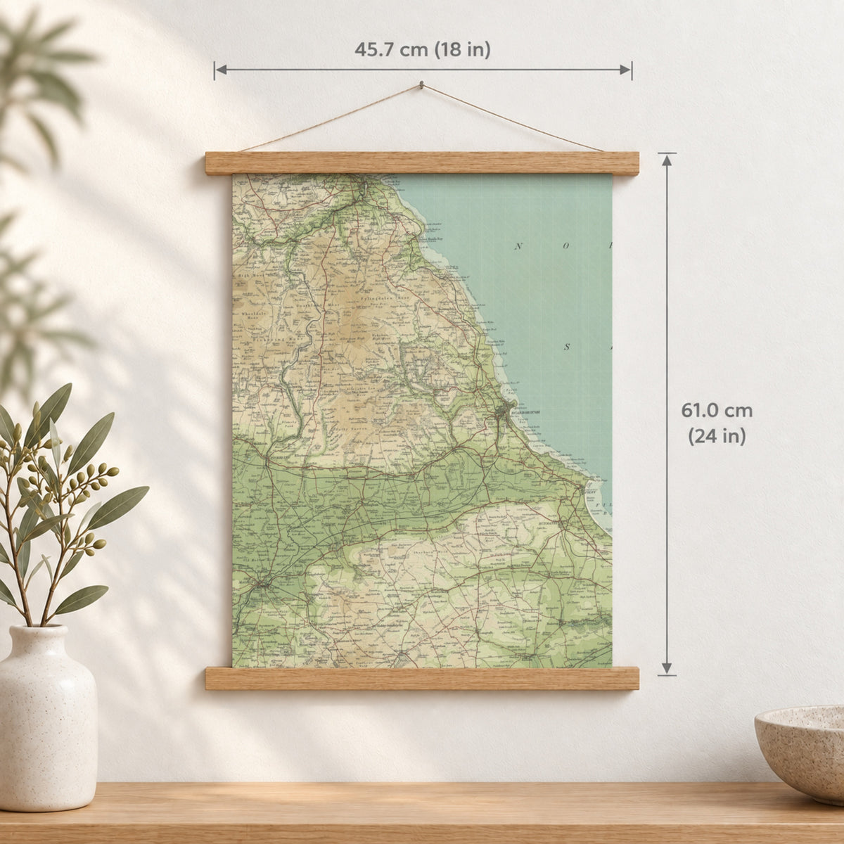 Scarborough historic map print, Bartholomew Half-Inch, 1903 — 18 × 24 in · portrait, Canvas, black hanger and Canvas, natural oak hanger and Canvas, white hanger and Fine art paper, black hanger and Fine art paper, natural oak hanger and Fine art paper, no hanger and Fine art paper, white hanger, hanger front mockup