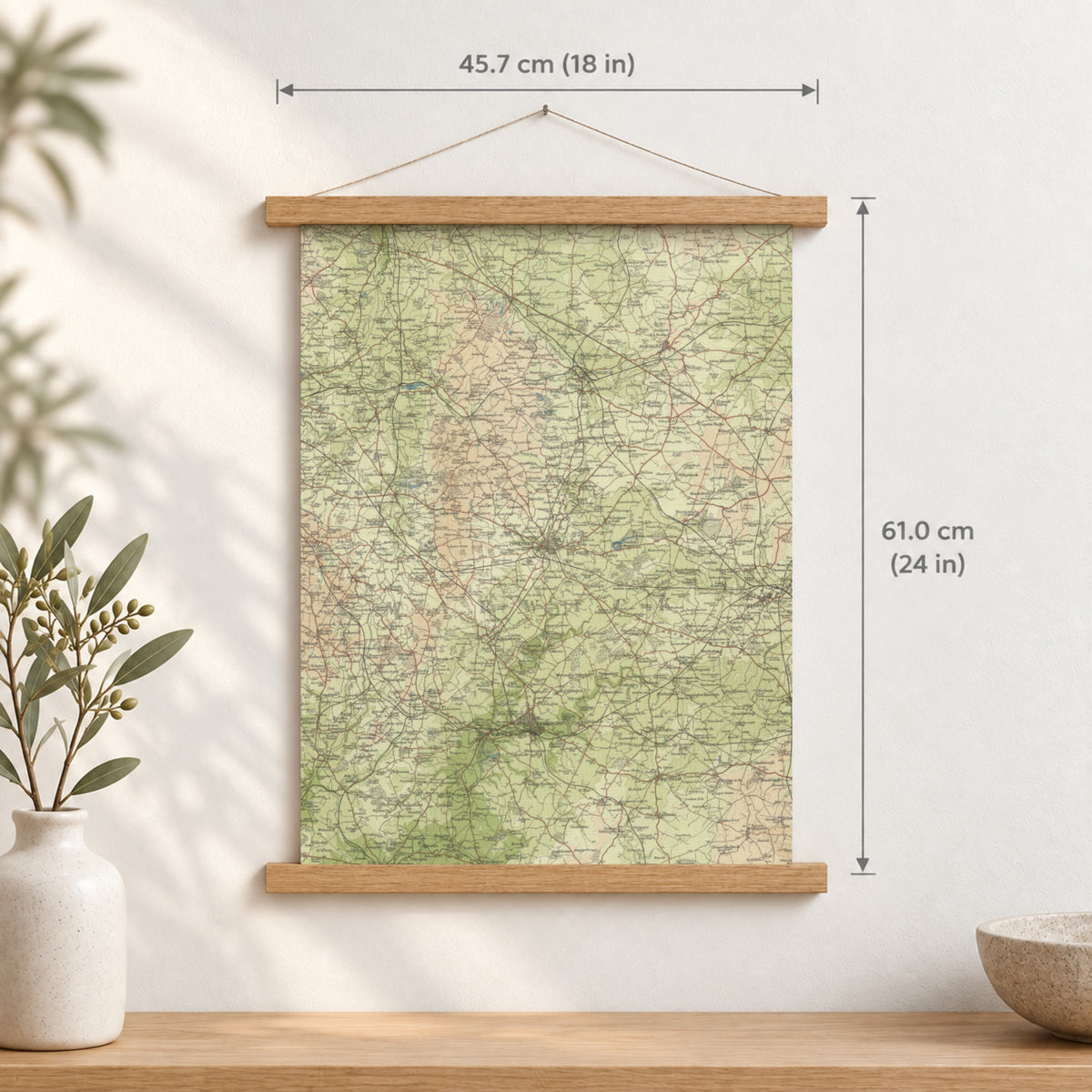 Coventry historic map print, Bartholomew Half-Inch, 1903 — 18 × 24 in · portrait, Canvas, black hanger and Canvas, natural oak hanger and Canvas, white hanger and Fine art paper, black hanger and Fine art paper, natural oak hanger and Fine art paper, no hanger and Fine art paper, white hanger, hanger front mockup