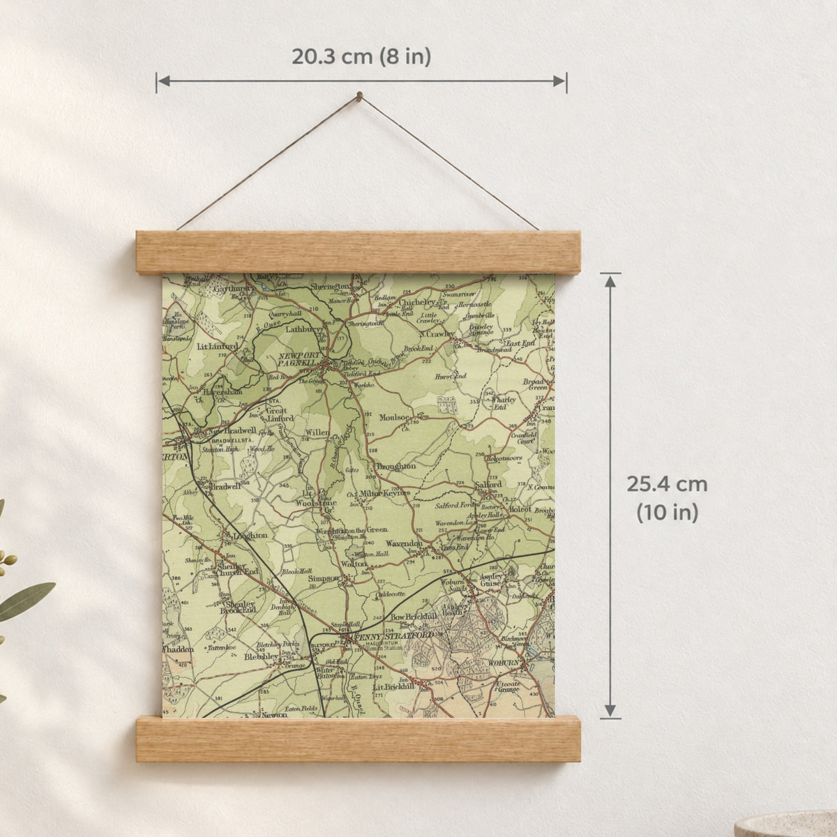 Milton Keynes historic map print, Bartholomew Half-Inch, 1903 — 8 × 10 in · portrait, Canvas, black hanger and Canvas, natural oak hanger and Canvas, white hanger and Fine art paper, black hanger and Fine art paper, natural oak hanger and Fine art paper, no hanger and Fine art paper, white hanger, hanger front mockup