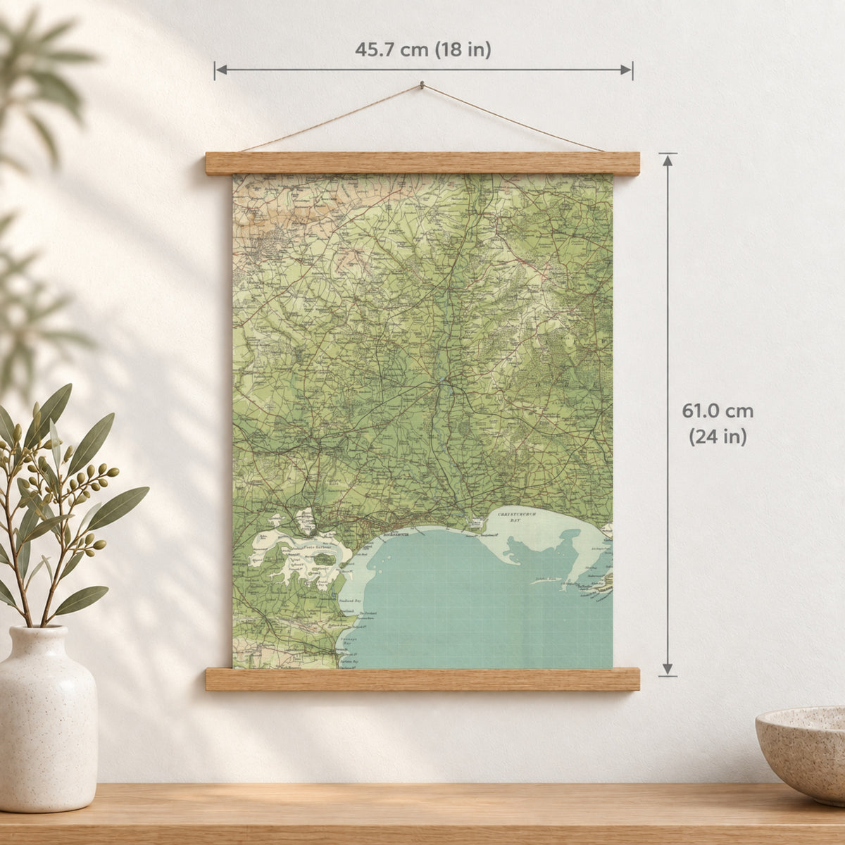 Bournemouth historic map print, Bartholomew Half-Inch, 1902 — 18 × 24 in · portrait, Canvas, black hanger and Canvas, natural oak hanger and Canvas, white hanger and Fine art paper, black hanger and Fine art paper, natural oak hanger and Fine art paper, no hanger and Fine art paper, white hanger, hanger front mockup