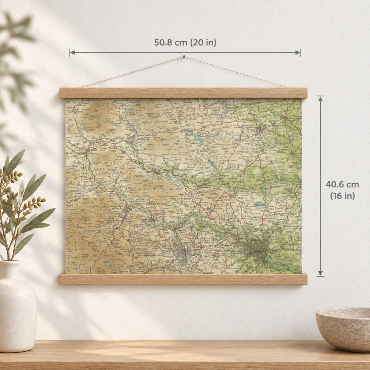 Bradford historic map print, Bartholomew Half-Inch, 1906 — 20 × 16 in · landscape, Canvas, black hanger and Canvas, natural oak hanger and Canvas, white hanger and Fine art paper, black hanger and Fine art paper, natural oak hanger and Fine art paper, no hanger and Fine art paper, white hanger, hanger front mockup