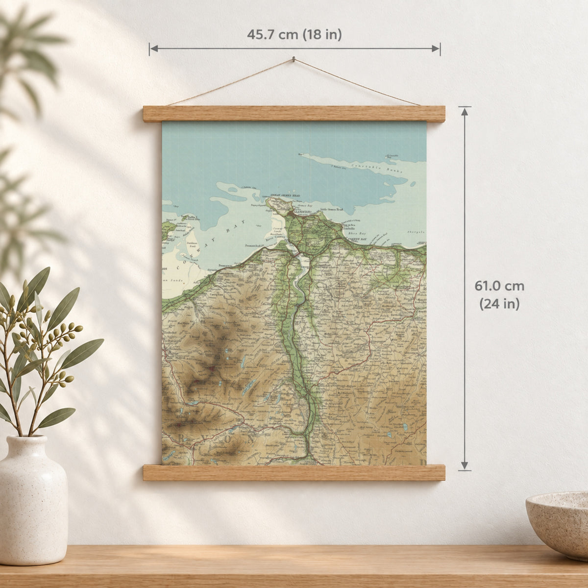 Llandudno historic map print, Bartholomew Half-Inch, 1904 — 18 × 24 in · portrait, Canvas, black hanger and Canvas, natural oak hanger and Canvas, white hanger and Fine art paper, black hanger and Fine art paper, natural oak hanger and Fine art paper, no hanger and Fine art paper, white hanger, hanger front mockup