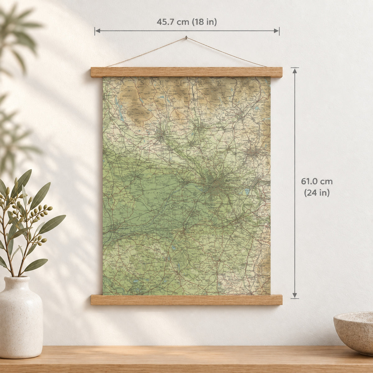Manchester historic map print, Bartholomew Half-Inch, 1904 — 18 × 24 in · portrait, Canvas, black hanger and Canvas, natural oak hanger and Canvas, white hanger and Fine art paper, black hanger and Fine art paper, natural oak hanger and Fine art paper, no hanger and Fine art paper, white hanger, hanger front mockup