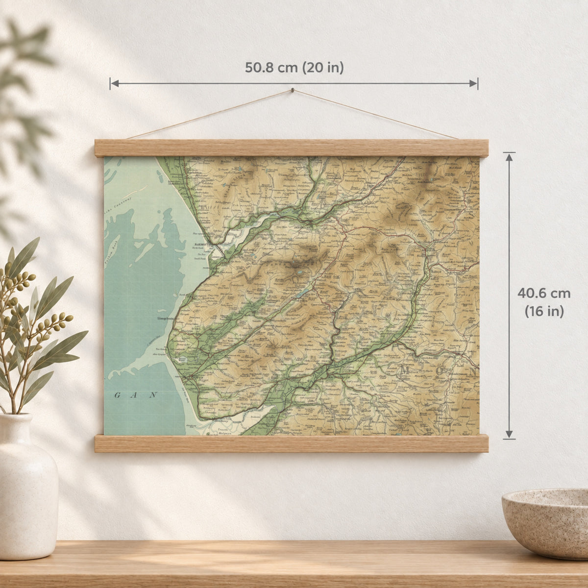 Barmouth historic map print, Bartholomew Half-Inch, 1905 — 20 × 16 in · landscape, Canvas, black hanger and Canvas, natural oak hanger and Canvas, white hanger and Fine art paper, black hanger and Fine art paper, natural oak hanger and Fine art paper, no hanger and Fine art paper, white hanger, hanger front mockup