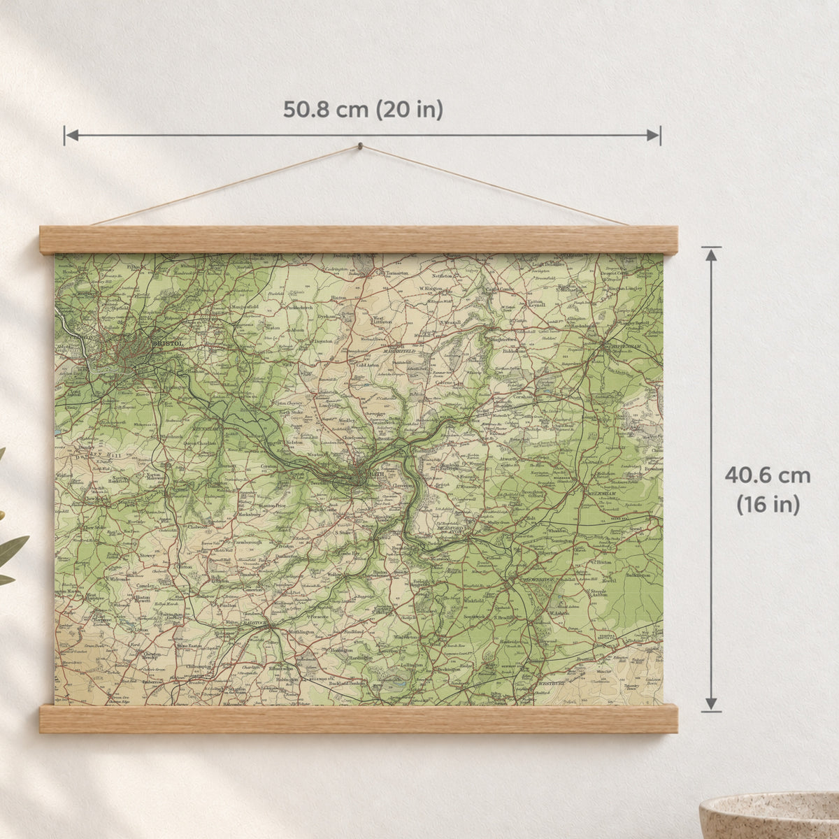 Bath historic map print, Bartholomew Half-Inch, 1904 — 20 × 16 in · landscape, Canvas, black hanger and Canvas, natural oak hanger and Canvas, white hanger and Fine art paper, black hanger and Fine art paper, natural oak hanger and Fine art paper, no hanger and Fine art paper, white hanger, hanger front mockup