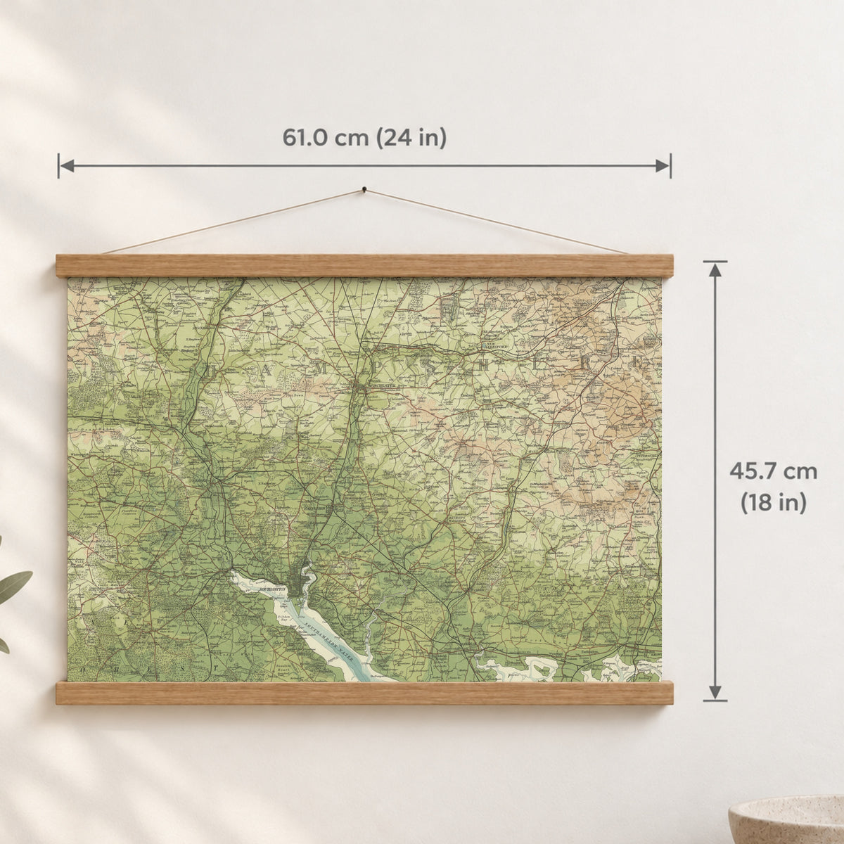 Winchester historic map print, Bartholomew Half-Inch, 1902 — 24 × 18 in · landscape, Canvas, black hanger and Canvas, natural oak hanger and Canvas, white hanger and Fine art paper, black hanger and Fine art paper, natural oak hanger and Fine art paper, no hanger and Fine art paper, white hanger, hanger front mockup
