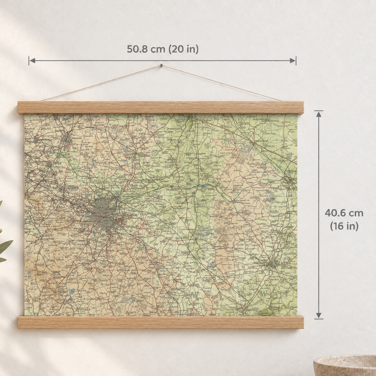 Birmingham historic map print, Bartholomew Half-Inch, 1903 — 20 × 16 in · landscape, Canvas, black hanger and Canvas, natural oak hanger and Canvas, white hanger and Fine art paper, black hanger and Fine art paper, natural oak hanger and Fine art paper, no hanger and Fine art paper, white hanger, hanger front mockup