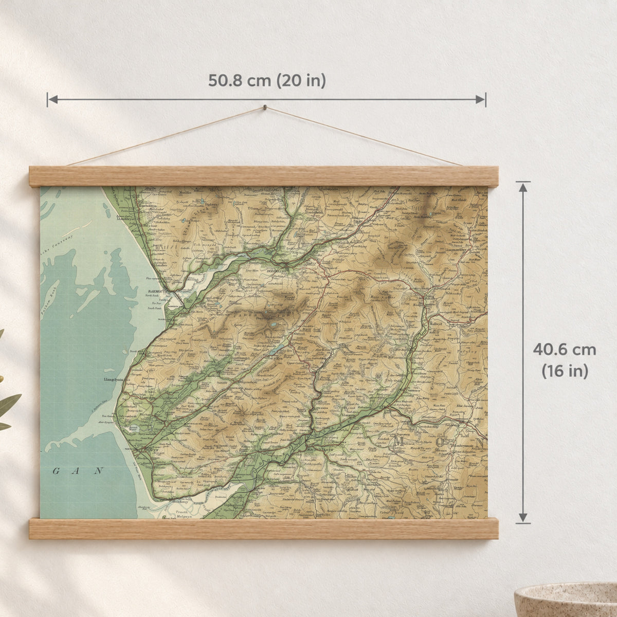 Barmouth historic map print, Bartholomew Half-Inch, 1905 — 20 × 16 in · landscape, Canvas, black hanger and Canvas, natural oak hanger and Canvas, white hanger and Fine art paper, black hanger and Fine art paper, natural oak hanger and Fine art paper, no hanger and Fine art paper, white hanger, hanger front mockup