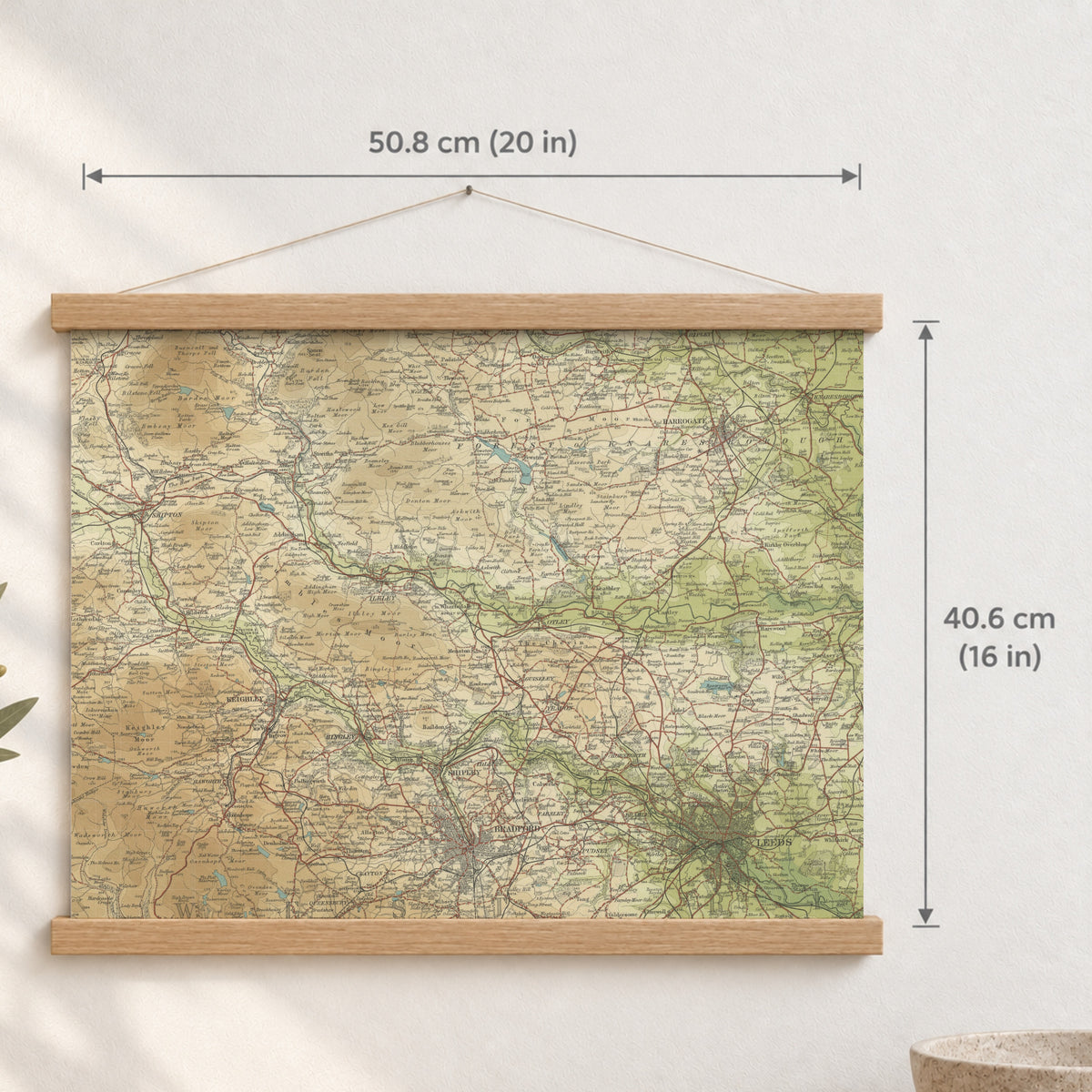 Bradford historic map print, Bartholomew Half-Inch, 1906 — 20 × 16 in · landscape, Canvas, black hanger and Canvas, natural oak hanger and Canvas, white hanger and Fine art paper, black hanger and Fine art paper, natural oak hanger and Fine art paper, no hanger and Fine art paper, white hanger, hanger front mockup
