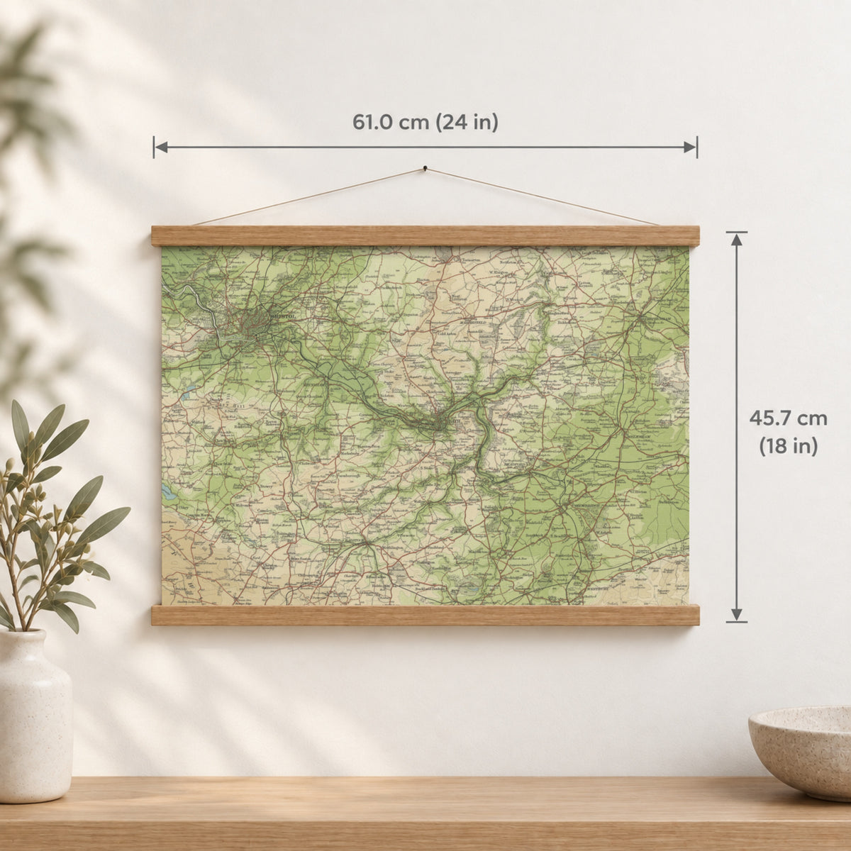 Bath historic map print, Bartholomew Half-Inch, 1904 — 24 × 18 in · landscape, Canvas, black hanger and Canvas, natural oak hanger and Canvas, white hanger and Fine art paper, black hanger and Fine art paper, natural oak hanger and Fine art paper, no hanger and Fine art paper, white hanger, hanger front mockup