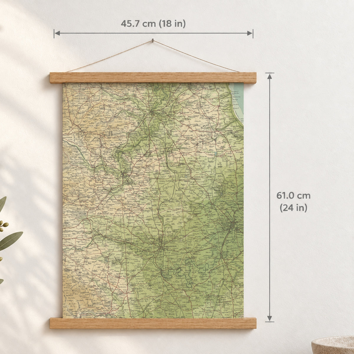 Durham historic map print, Bartholomew Half-Inch, 1904 — 18 × 24 in · portrait, Canvas, black hanger and Canvas, natural oak hanger and Canvas, white hanger and Fine art paper, black hanger and Fine art paper, natural oak hanger and Fine art paper, no hanger and Fine art paper, white hanger, hanger front mockup