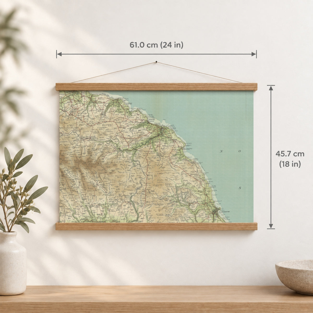 Whitby historic map print, Bartholomew Half-Inch, 1903 — 24 × 18 in · landscape, Canvas, black hanger and Canvas, natural oak hanger and Canvas, white hanger and Fine art paper, black hanger and Fine art paper, natural oak hanger and Fine art paper, no hanger and Fine art paper, white hanger, hanger front mockup