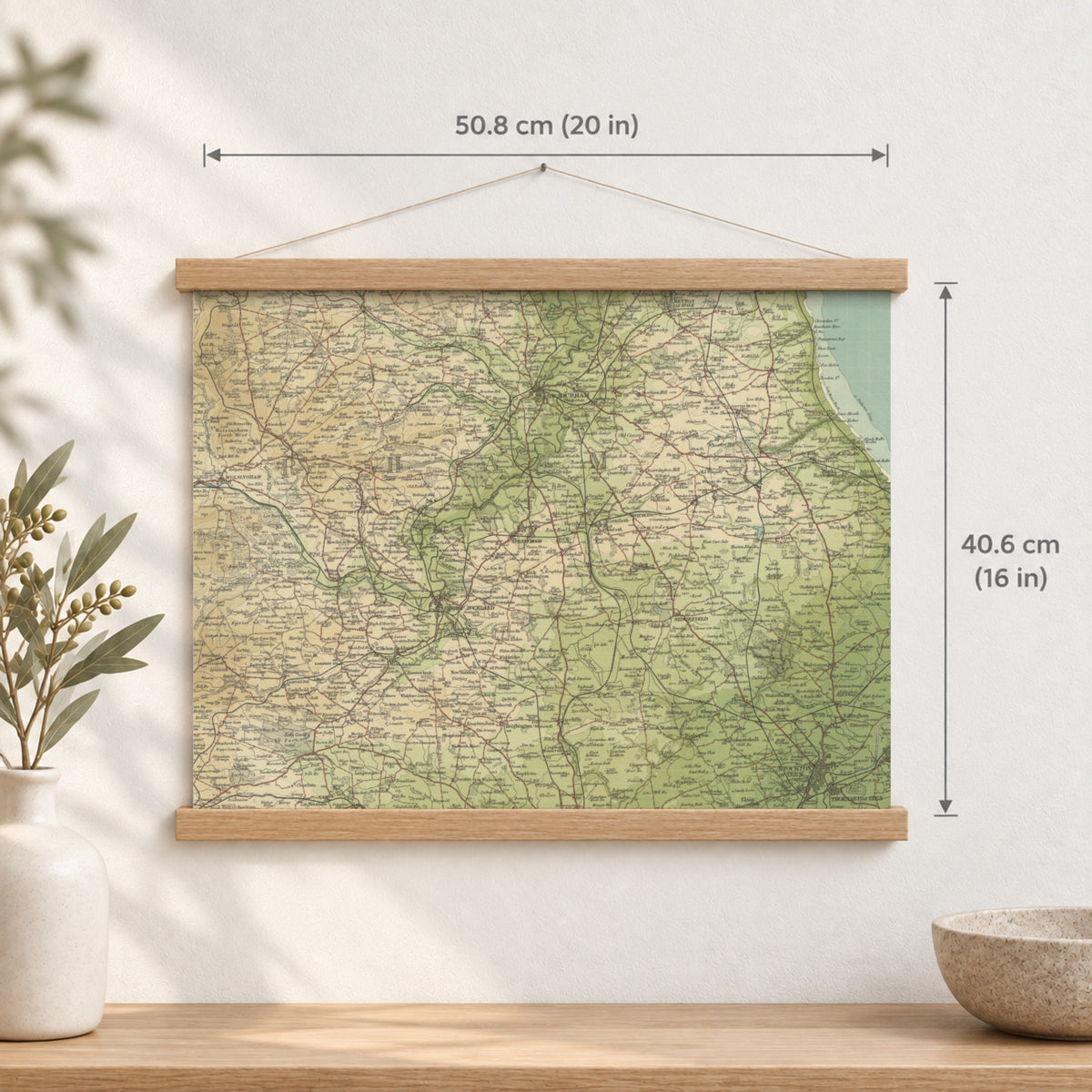Durham historic map print, Bartholomew Half-Inch, 1904 — 20 × 16 in · landscape, Canvas, black hanger and Canvas, natural oak hanger and Canvas, white hanger and Fine art paper, black hanger and Fine art paper, natural oak hanger and Fine art paper, no hanger and Fine art paper, white hanger, hanger front mockup