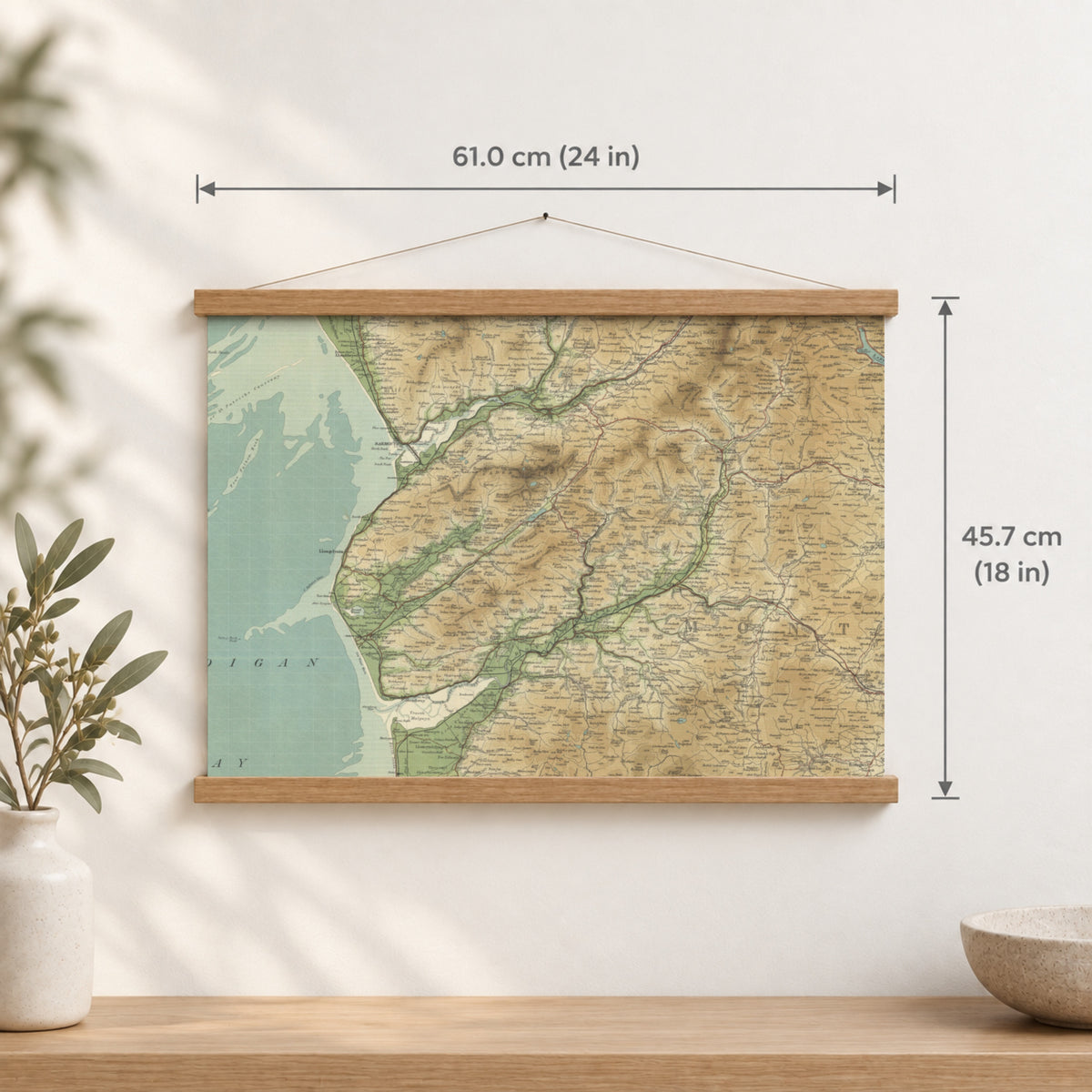 Barmouth historic map print, Bartholomew Half-Inch, 1905 — 24 × 18 in · landscape, Canvas, black hanger and Canvas, natural oak hanger and Canvas, white hanger and Fine art paper, black hanger and Fine art paper, natural oak hanger and Fine art paper, no hanger and Fine art paper, white hanger, hanger front mockup