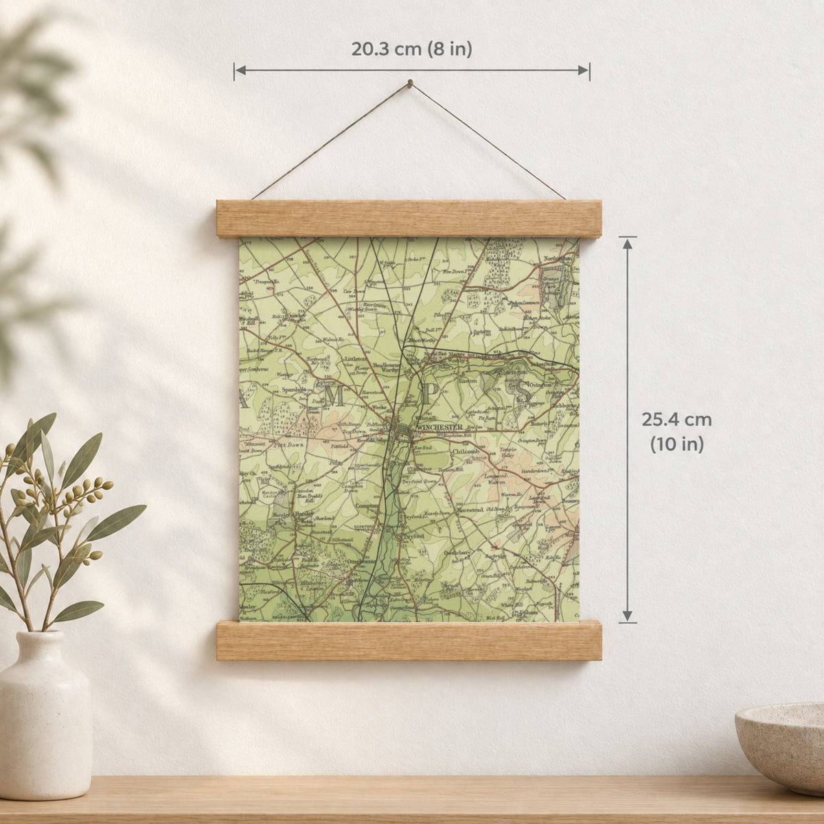 Winchester historic map print, Bartholomew Half-Inch, 1902 — 8 × 10 in · portrait, Canvas, black hanger and Canvas, natural oak hanger and Canvas, white hanger and Fine art paper, black hanger and Fine art paper, natural oak hanger and Fine art paper, no hanger and Fine art paper, white hanger, hanger front mockup