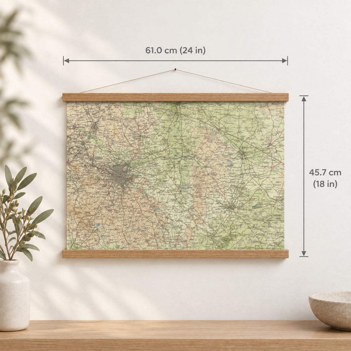 Birmingham historic map print, Bartholomew Half-Inch, 1903 — 24 × 18 in · landscape, Canvas, black hanger and Canvas, natural oak hanger and Canvas, white hanger and Fine art paper, black hanger and Fine art paper, natural oak hanger and Fine art paper, no hanger and Fine art paper, white hanger, hanger front mockup