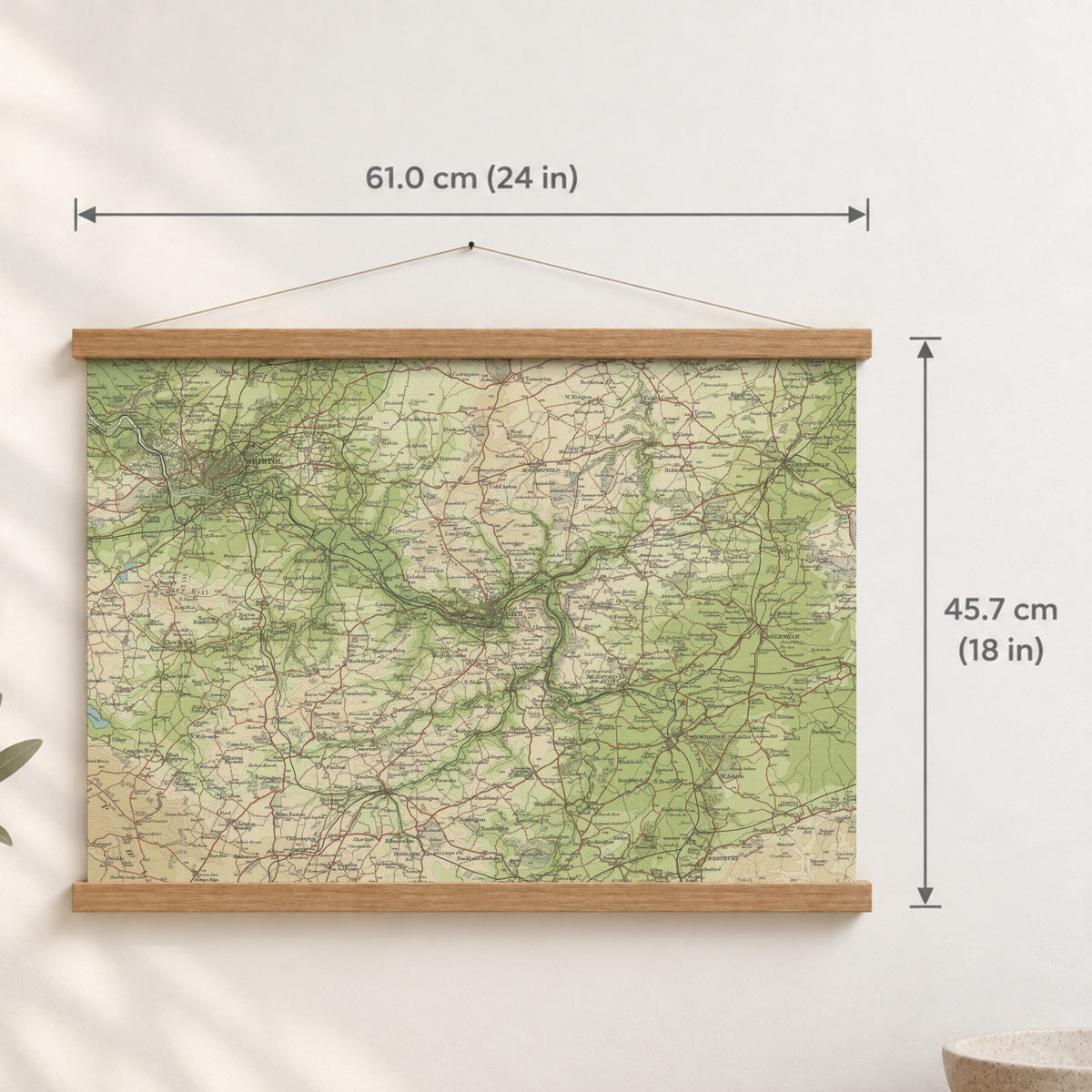 Bath historic map print, Bartholomew Half-Inch, 1904 — 24 × 18 in · landscape, Canvas, black hanger and Canvas, natural oak hanger and Canvas, white hanger and Fine art paper, black hanger and Fine art paper, natural oak hanger and Fine art paper, no hanger and Fine art paper, white hanger, hanger front mockup