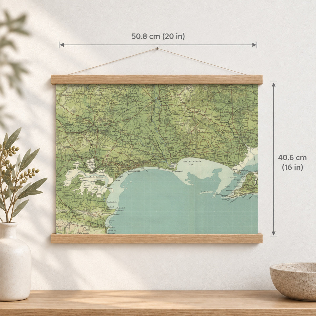 Bournemouth historic map print, Bartholomew Half-Inch, 1902 — 20 × 16 in · landscape, Canvas, black hanger and Canvas, natural oak hanger and Canvas, white hanger and Fine art paper, black hanger and Fine art paper, natural oak hanger and Fine art paper, no hanger and Fine art paper, white hanger, hanger front mockup