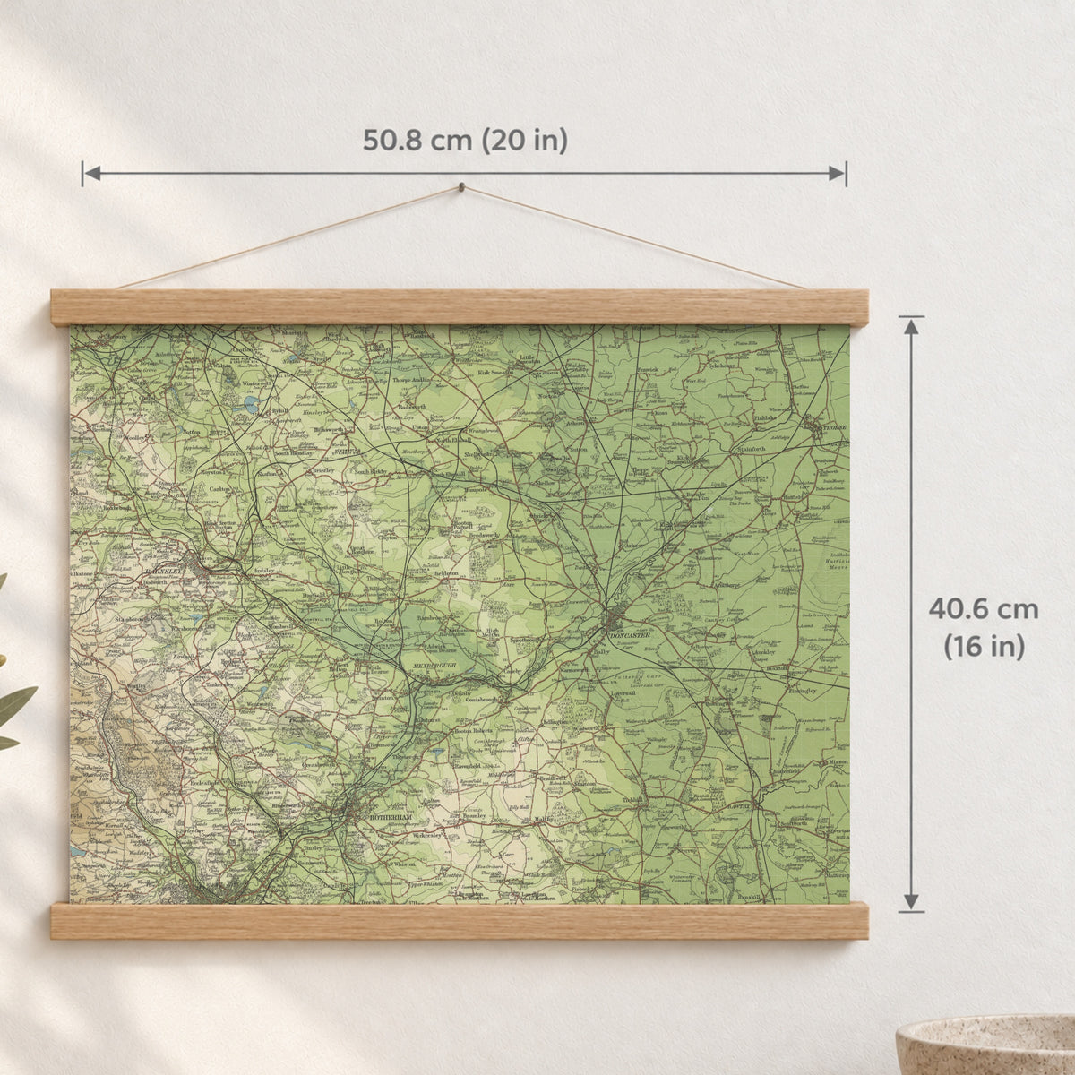 Doncaster historic map print, Bartholomew Half-Inch, 1904 — 20 × 16 in · landscape, Canvas, black hanger and Canvas, natural oak hanger and Canvas, white hanger and Fine art paper, black hanger and Fine art paper, natural oak hanger and Fine art paper, no hanger and Fine art paper, white hanger, hanger front mockup