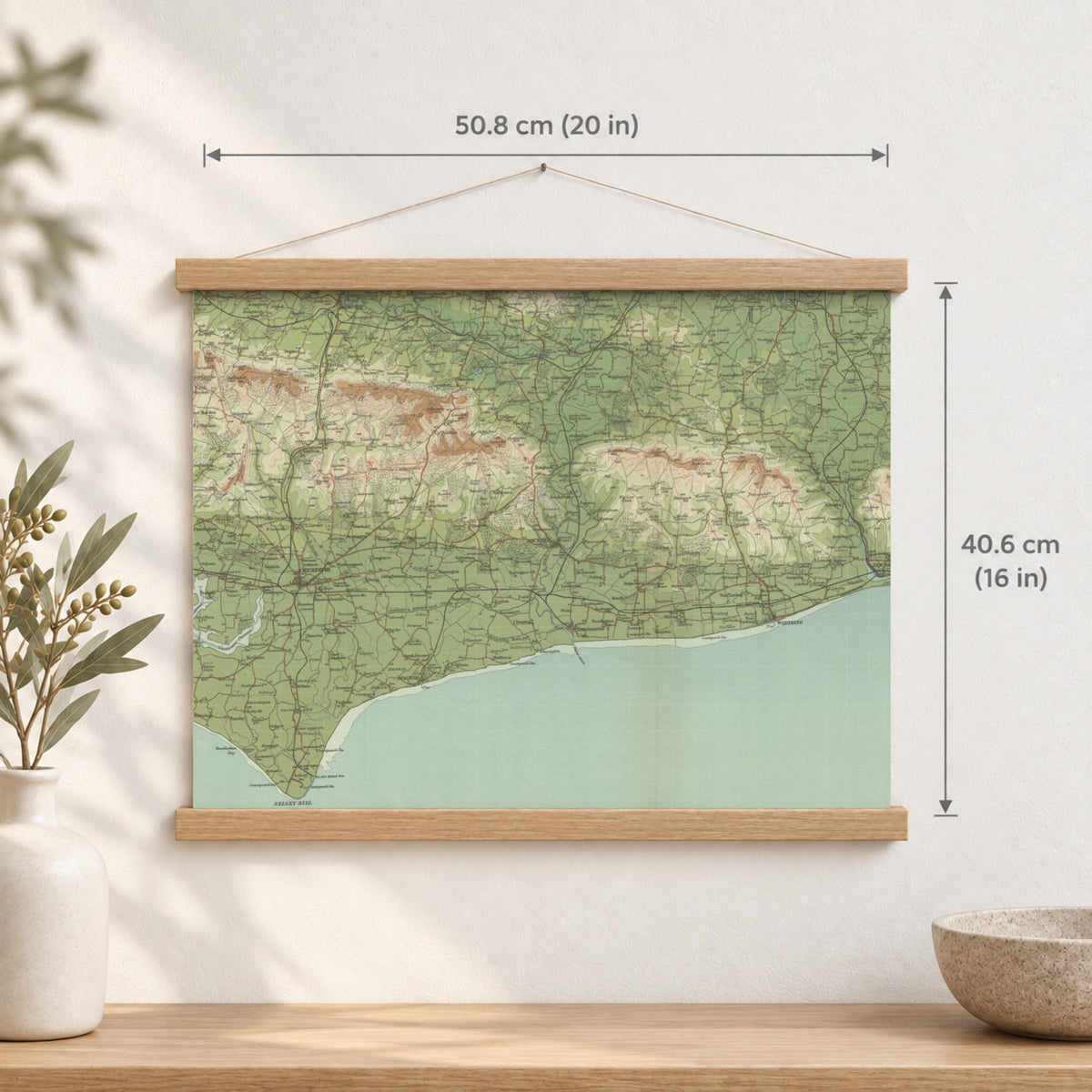Chichester historic map print, Bartholomew Half-Inch, 1902 — 20 × 16 in · landscape, Canvas, black hanger and Canvas, natural oak hanger and Canvas, white hanger and Fine art paper, black hanger and Fine art paper, natural oak hanger and Fine art paper, no hanger and Fine art paper, white hanger, hanger front mockup