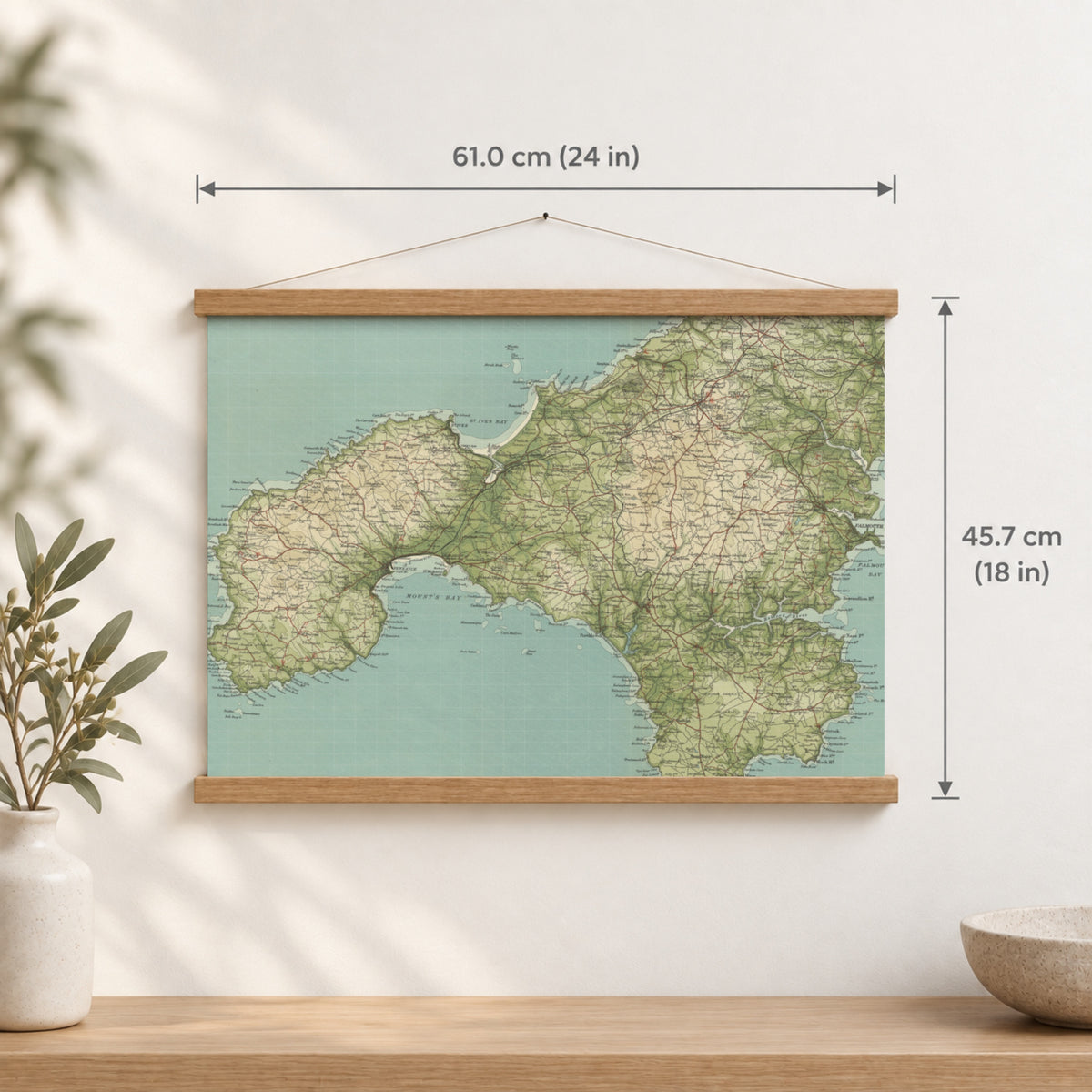 St Ives historic map print, Bartholomew Half-Inch, 1903 — 24 × 18 in · landscape, Canvas, black hanger and Canvas, natural oak hanger and Canvas, white hanger and Fine art paper, black hanger and Fine art paper, natural oak hanger and Fine art paper, no hanger and Fine art paper, white hanger, hanger front mockup