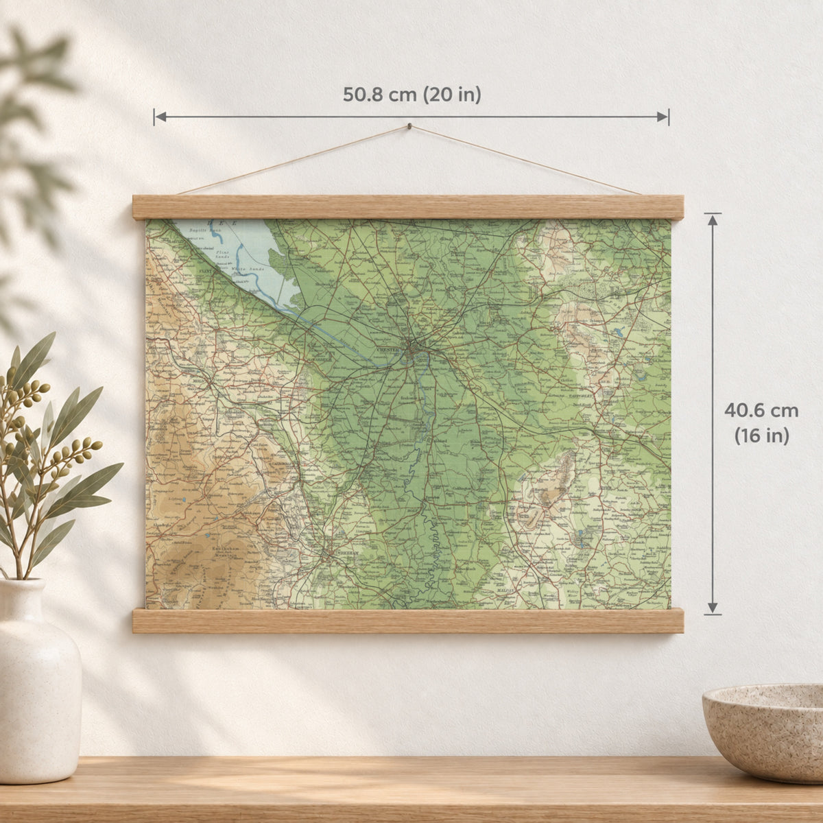 Chester historic map print, Bartholomew Half-Inch, 1902 — 20 × 16 in · landscape, Canvas, black hanger and Canvas, natural oak hanger and Canvas, white hanger and Fine art paper, black hanger and Fine art paper, natural oak hanger and Fine art paper, no hanger and Fine art paper, white hanger, hanger front mockup