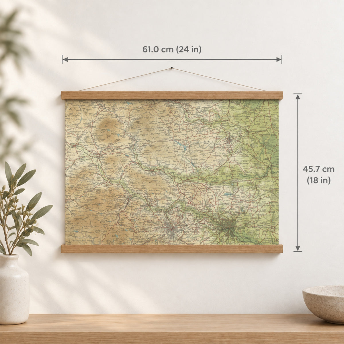 Bradford historic map print, Bartholomew Half-Inch, 1906 — 24 × 18 in · landscape, Canvas, black hanger and Canvas, natural oak hanger and Canvas, white hanger and Fine art paper, black hanger and Fine art paper, natural oak hanger and Fine art paper, no hanger and Fine art paper, white hanger, hanger front mockup