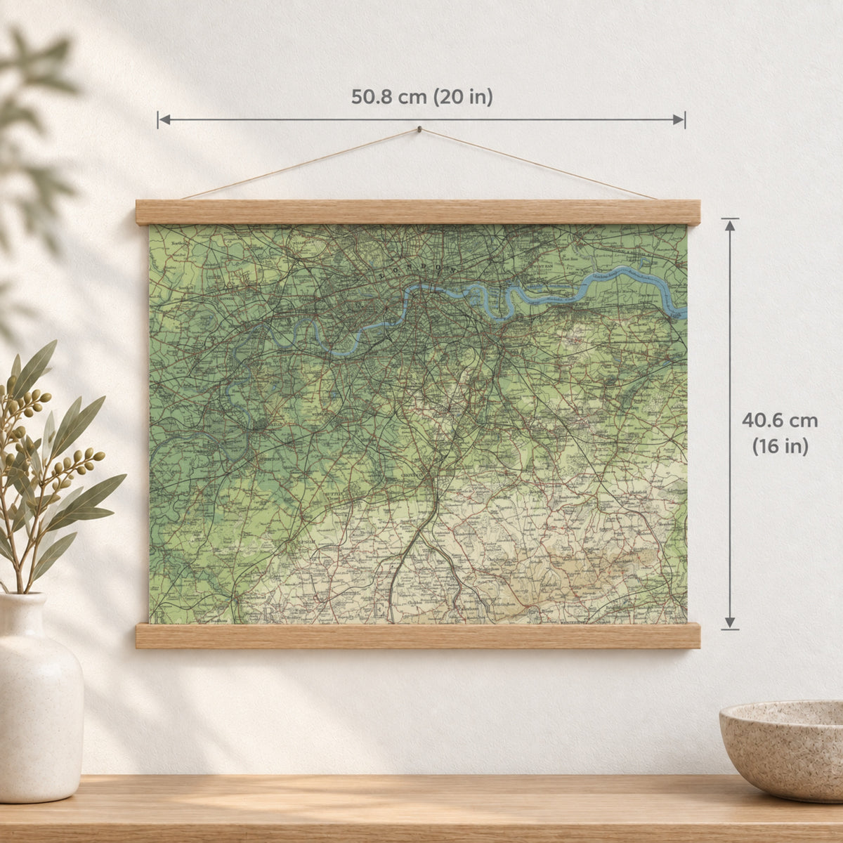 London historic map print, Bartholomew Half-Inch, 1903 — 20 × 16 in · landscape, Canvas, black hanger and Canvas, natural oak hanger and Canvas, white hanger and Fine art paper, black hanger and Fine art paper, natural oak hanger and Fine art paper, no hanger and Fine art paper, white hanger, hanger front mockup