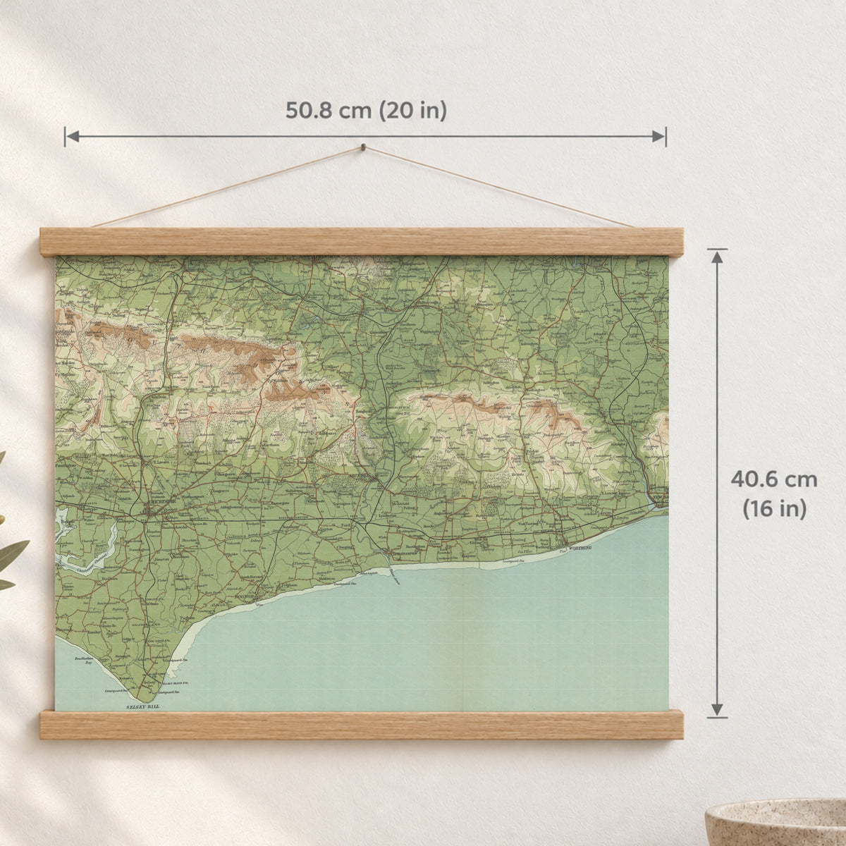 Chichester historic map print, Bartholomew Half-Inch, 1902 — 20 × 16 in · landscape, Canvas, black hanger and Canvas, natural oak hanger and Canvas, white hanger and Fine art paper, black hanger and Fine art paper, natural oak hanger and Fine art paper, no hanger and Fine art paper, white hanger, hanger front mockup