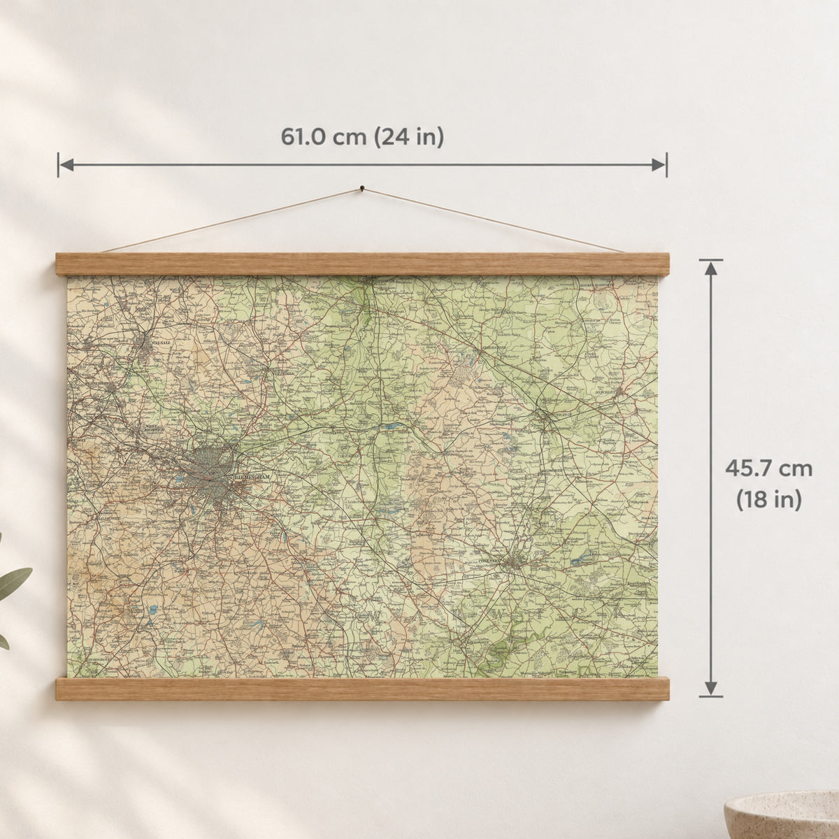 Birmingham historic map print, Bartholomew Half-Inch, 1903 — 24 × 18 in · landscape, Canvas, black hanger and Canvas, natural oak hanger and Canvas, white hanger and Fine art paper, black hanger and Fine art paper, natural oak hanger and Fine art paper, no hanger and Fine art paper, white hanger, hanger front mockup