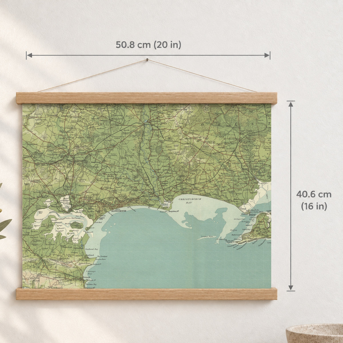 Bournemouth historic map print, Bartholomew Half-Inch, 1902 — 20 × 16 in · landscape, Canvas, black hanger and Canvas, natural oak hanger and Canvas, white hanger and Fine art paper, black hanger and Fine art paper, natural oak hanger and Fine art paper, no hanger and Fine art paper, white hanger, hanger front mockup