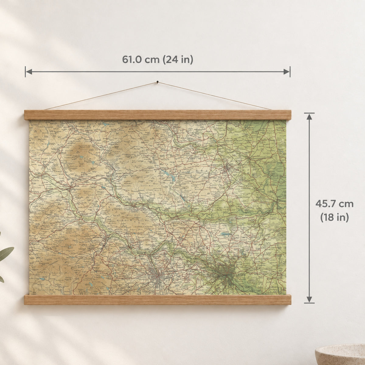 Bradford historic map print, Bartholomew Half-Inch, 1906 — 24 × 18 in · landscape, Canvas, black hanger and Canvas, natural oak hanger and Canvas, white hanger and Fine art paper, black hanger and Fine art paper, natural oak hanger and Fine art paper, no hanger and Fine art paper, white hanger, hanger front mockup