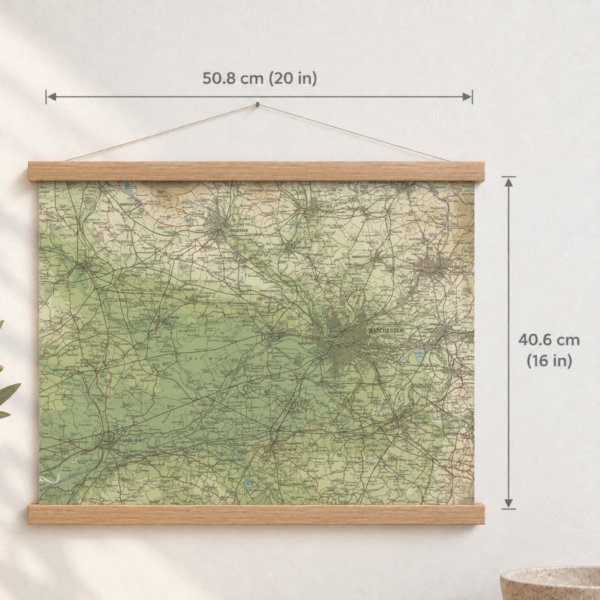 Manchester historic map print, Bartholomew Half-Inch, 1904 — 20 × 16 in · landscape, Canvas, black hanger and Canvas, natural oak hanger and Canvas, white hanger and Fine art paper, black hanger and Fine art paper, natural oak hanger and Fine art paper, no hanger and Fine art paper, white hanger, hanger front mockup