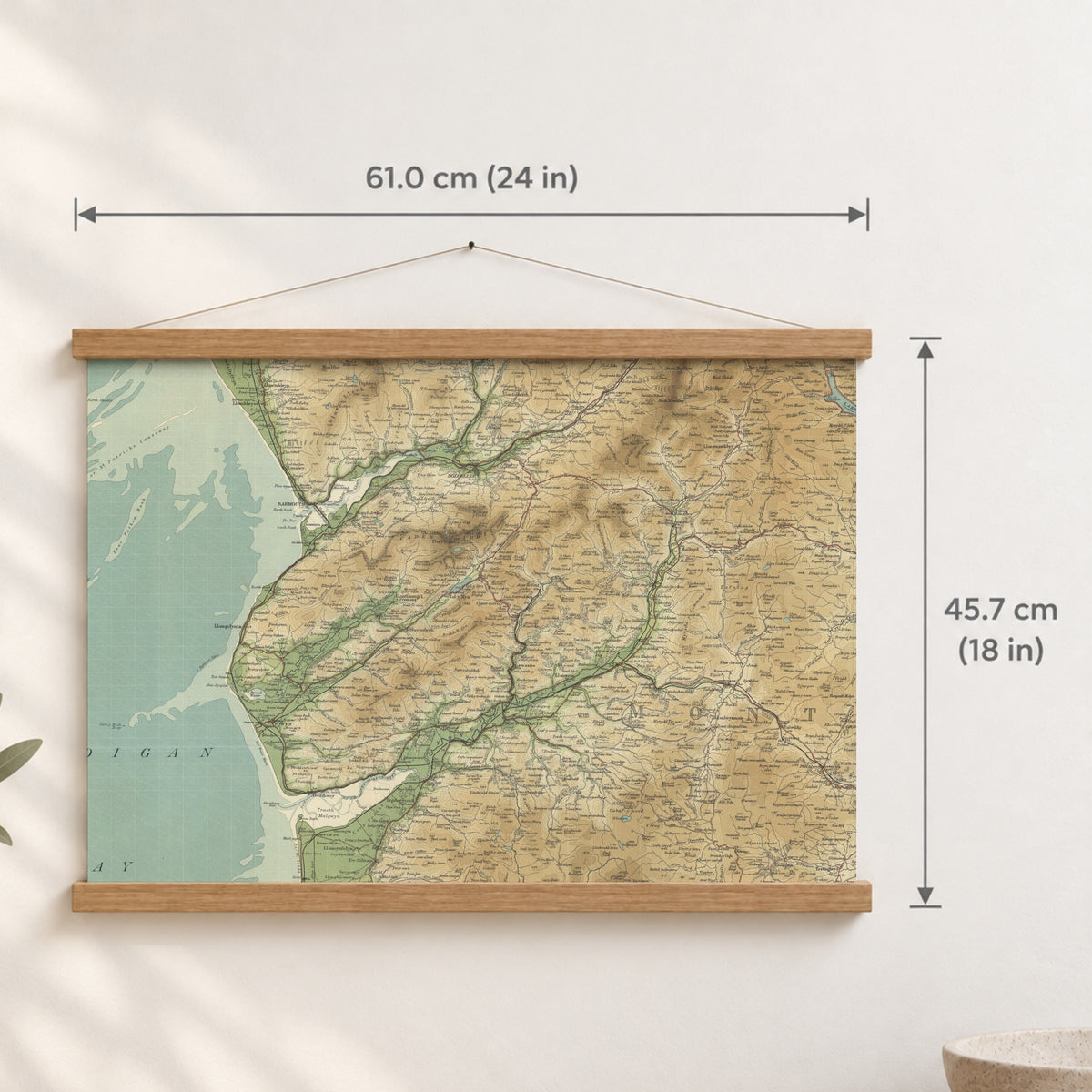 Barmouth historic map print, Bartholomew Half-Inch, 1905 — 24 × 18 in · landscape, Canvas, black hanger and Canvas, natural oak hanger and Canvas, white hanger and Fine art paper, black hanger and Fine art paper, natural oak hanger and Fine art paper, no hanger and Fine art paper, white hanger, hanger front mockup