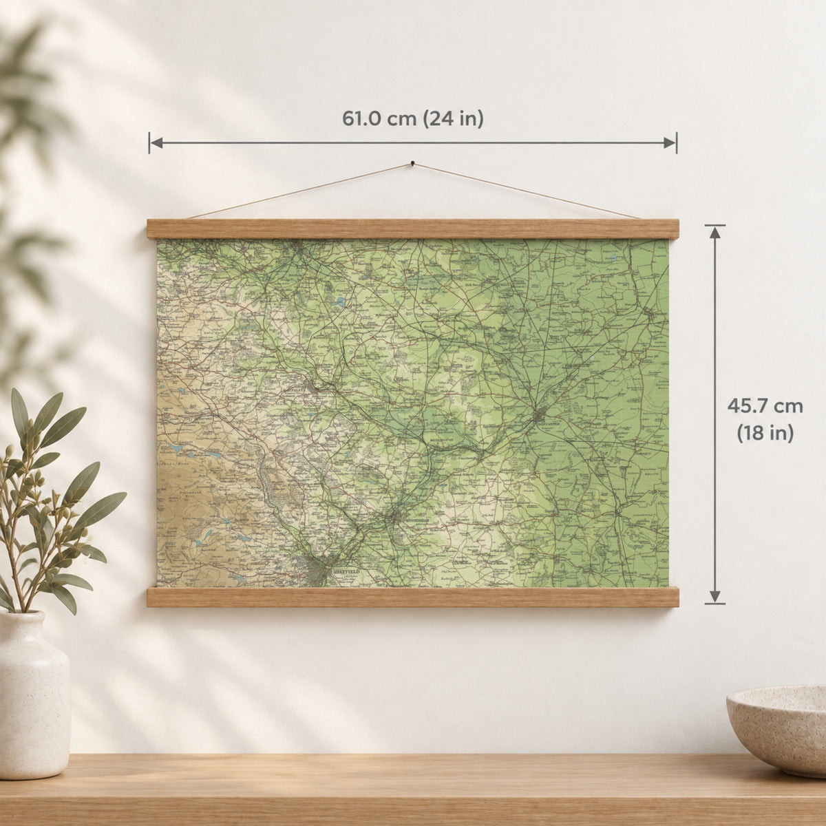 Doncaster historic map print, Bartholomew Half-Inch, 1904 — 24 × 18 in · landscape, Canvas, black hanger and Canvas, natural oak hanger and Canvas, white hanger and Fine art paper, black hanger and Fine art paper, natural oak hanger and Fine art paper, no hanger and Fine art paper, white hanger, hanger front mockup