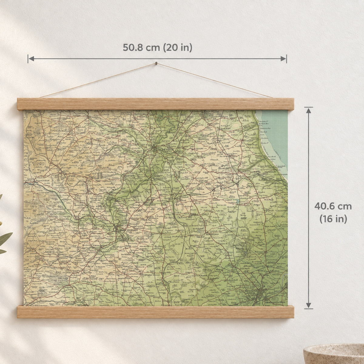 Durham historic map print, Bartholomew Half-Inch, 1904 — 20 × 16 in · landscape, Canvas, black hanger and Canvas, natural oak hanger and Canvas, white hanger and Fine art paper, black hanger and Fine art paper, natural oak hanger and Fine art paper, no hanger and Fine art paper, white hanger, hanger front mockup