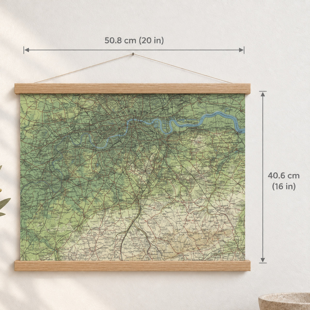 London historic map print, Bartholomew Half-Inch, 1903 — 20 × 16 in · landscape, Canvas, black hanger and Canvas, natural oak hanger and Canvas, white hanger and Fine art paper, black hanger and Fine art paper, natural oak hanger and Fine art paper, no hanger and Fine art paper, white hanger, hanger front mockup