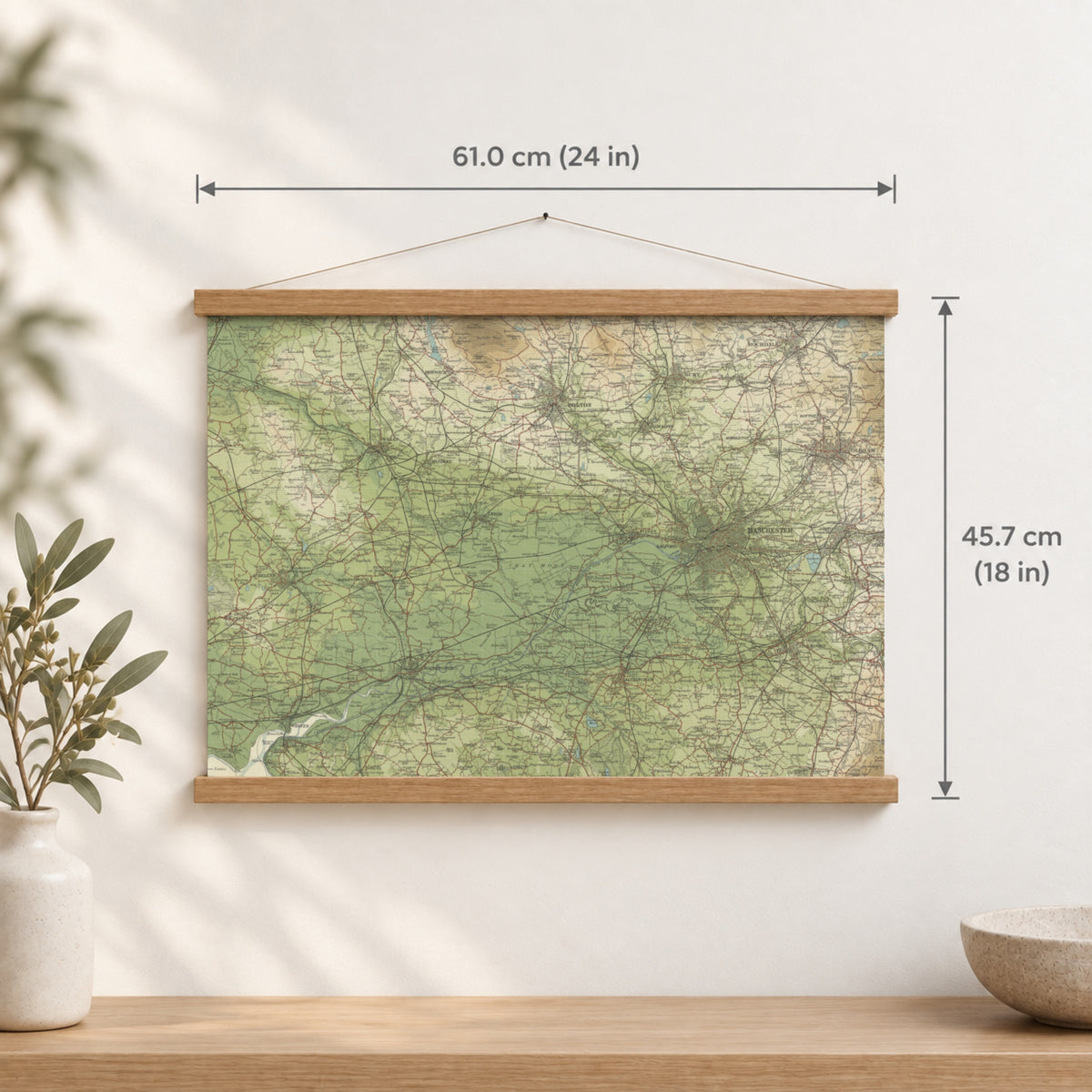 Manchester historic map print, Bartholomew Half-Inch, 1904 — 24 × 18 in · landscape, Canvas, black hanger and Canvas, natural oak hanger and Canvas, white hanger and Fine art paper, black hanger and Fine art paper, natural oak hanger and Fine art paper, no hanger and Fine art paper, white hanger, hanger front mockup