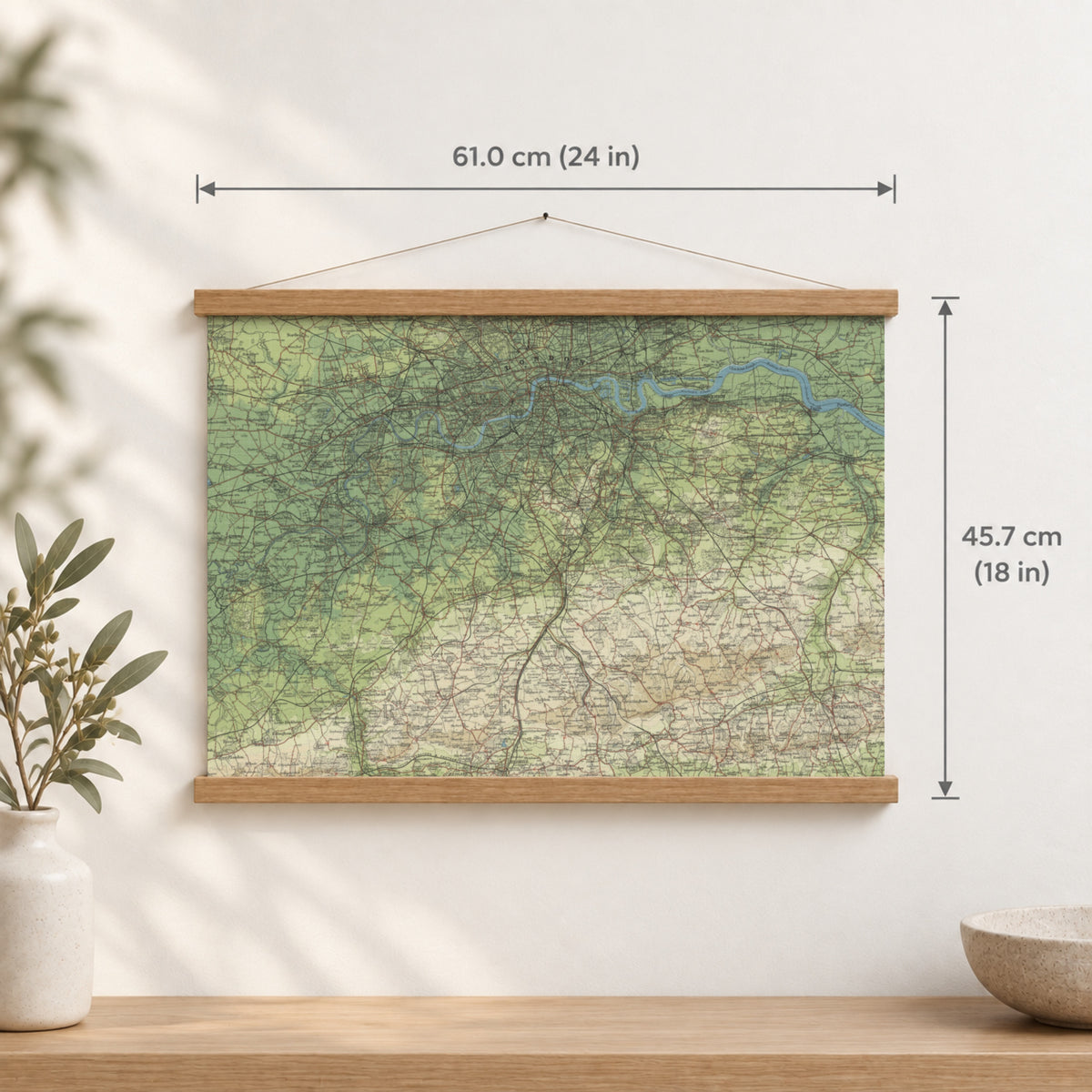 London historic map print, Bartholomew Half-Inch, 1903 — 24 × 18 in · landscape, Canvas, black hanger and Canvas, natural oak hanger and Canvas, white hanger and Fine art paper, black hanger and Fine art paper, natural oak hanger and Fine art paper, no hanger and Fine art paper, white hanger, hanger front mockup